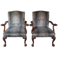 English Chippendale Mahogany Gainsborough Library Armchairs Carved Swan Leopard