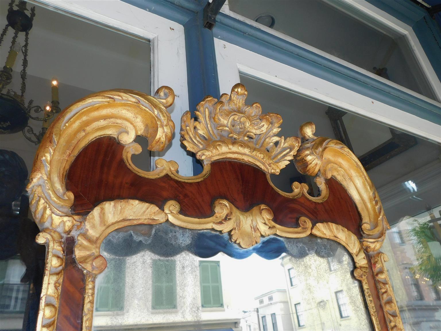 Mid-18th Century English Chippendale Mahogany Gilt Carved Wood & Gesso Floral Wall Mirror C. 1750 For Sale