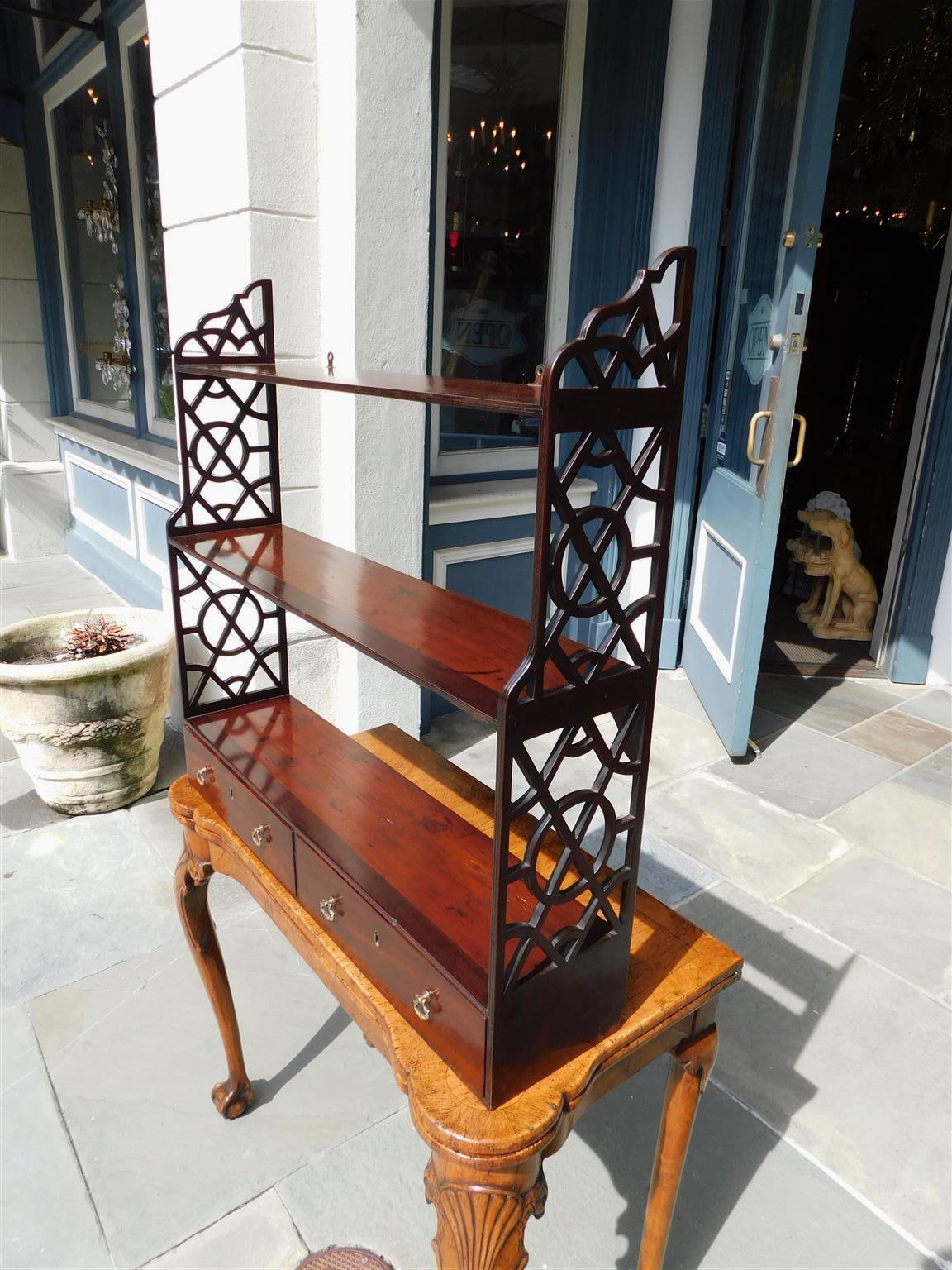 Hand-Carved English Chippendale Mahogany Hanging Wall Shelf with Orig. Brasses, circa 1780 For Sale
