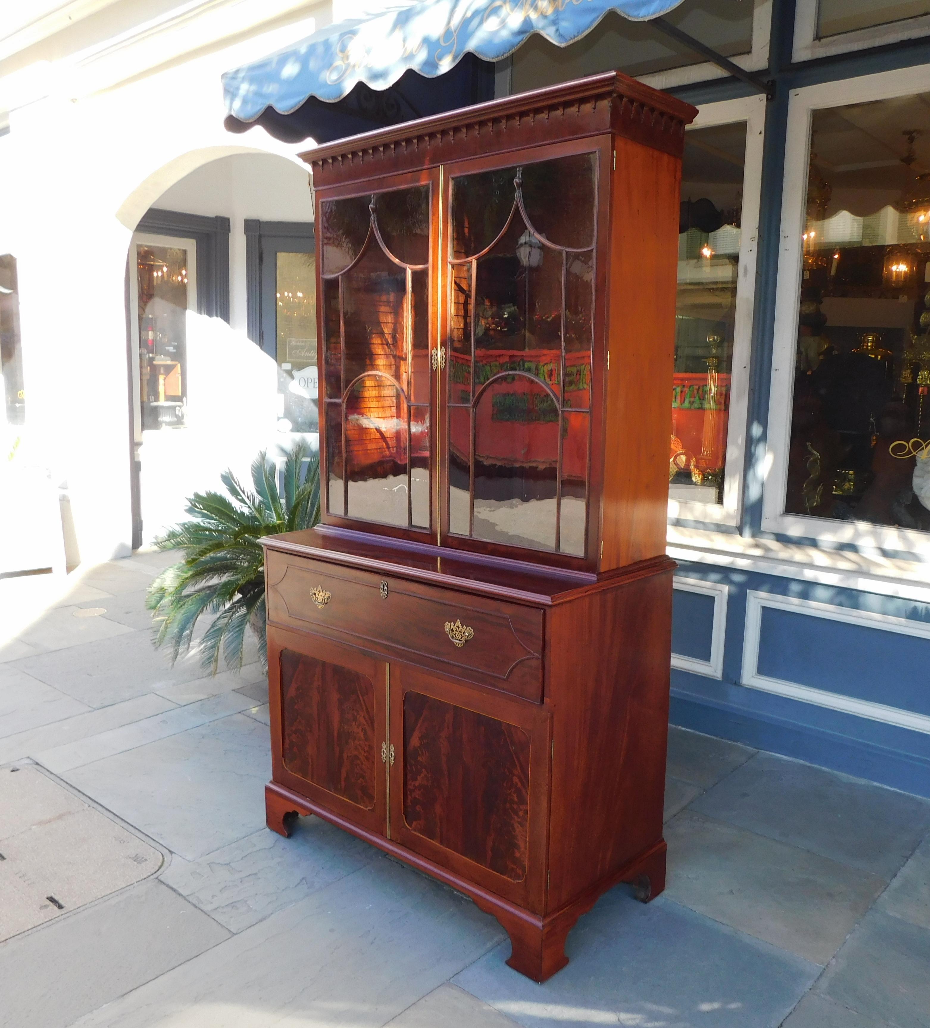 Hand-Carved English Chippendale Mahogany Inlaid Fall Front Secretary with Bookcase, C.1780 For Sale