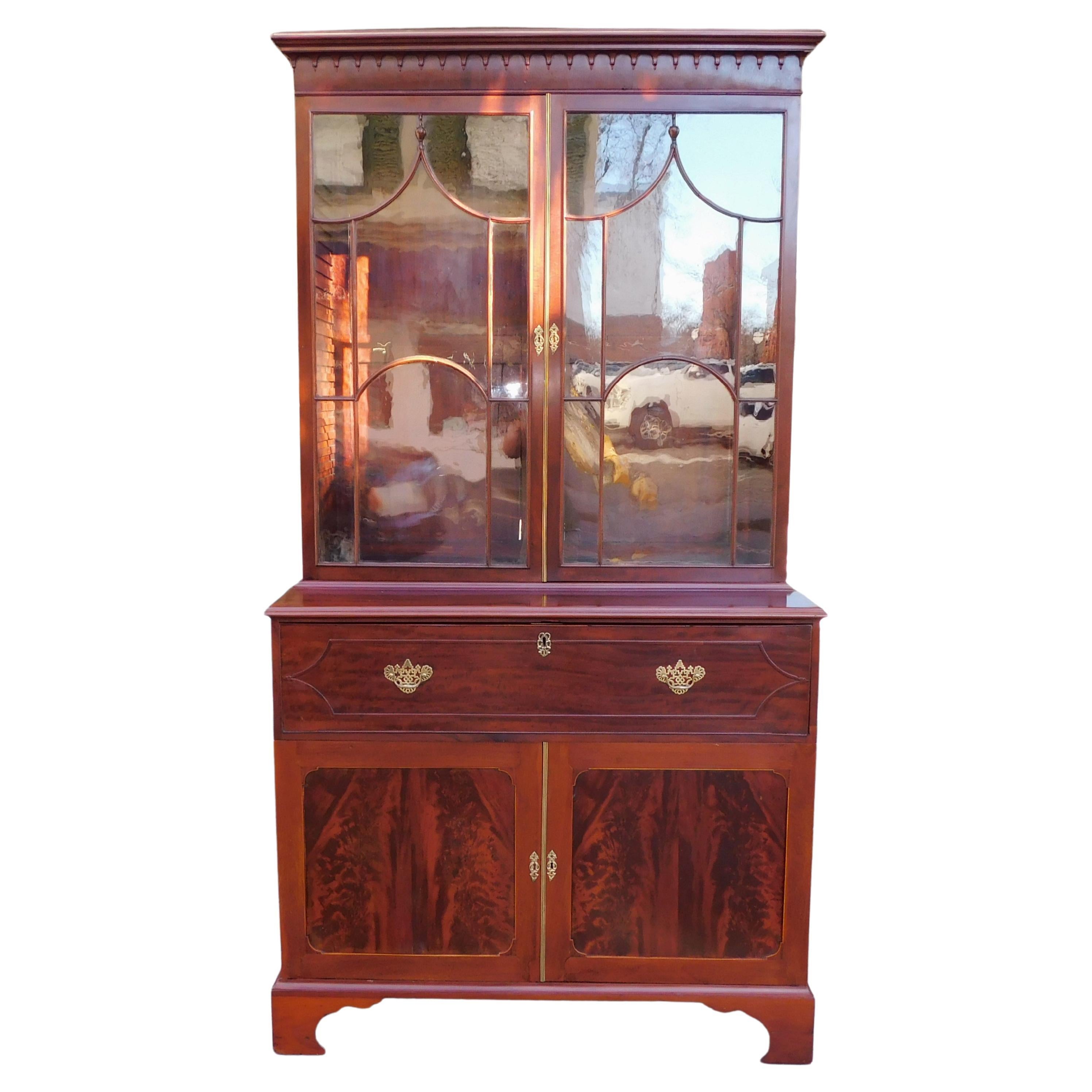 English Chippendale Mahogany Inlaid Fall Front Secretary with Bookcase, C.1780 For Sale