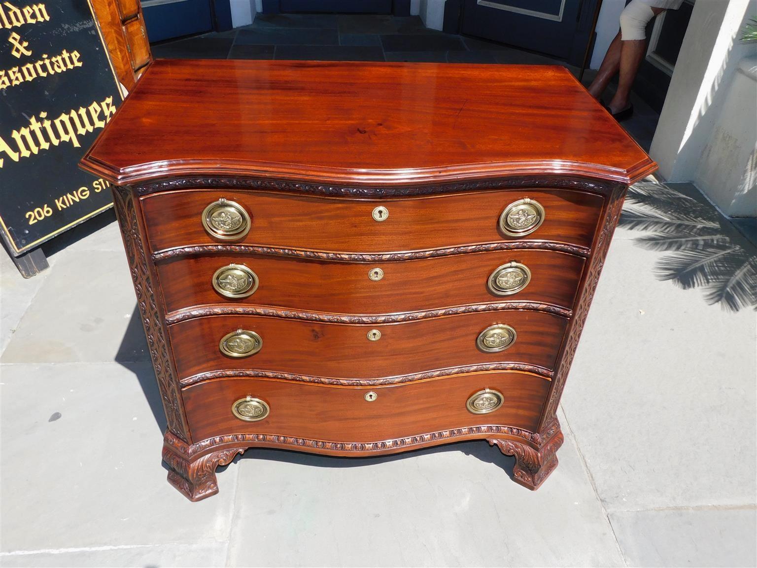 Hand-Carved English Chippendale Mahogany Serpentine Chest with Orig Cherub Brasses, C. 1760 For Sale