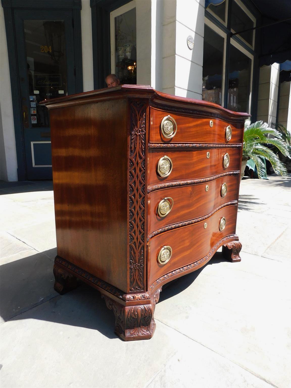 Mid-18th Century English Chippendale Mahogany Serpentine Chest with Orig Cherub Brasses, C. 1760 For Sale