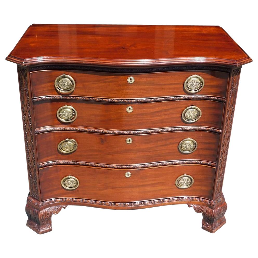 English Chippendale Mahogany Serpentine Chest with Orig Cherub Brasses, C. 1760 For Sale