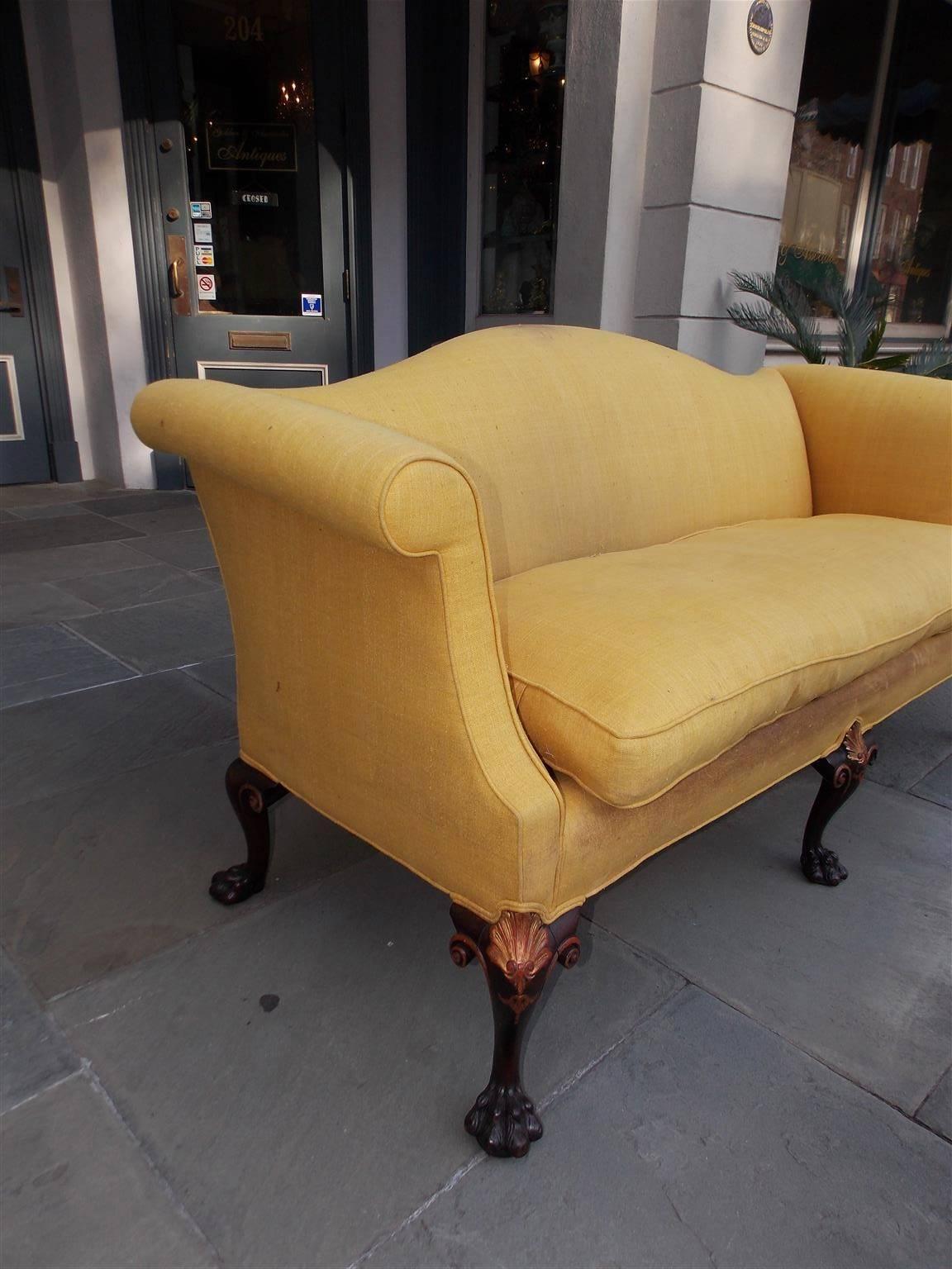 Hand-Carved English Chippendale Mahogany Serpentine Gilt and Upholstered Sofa, Circa 1760