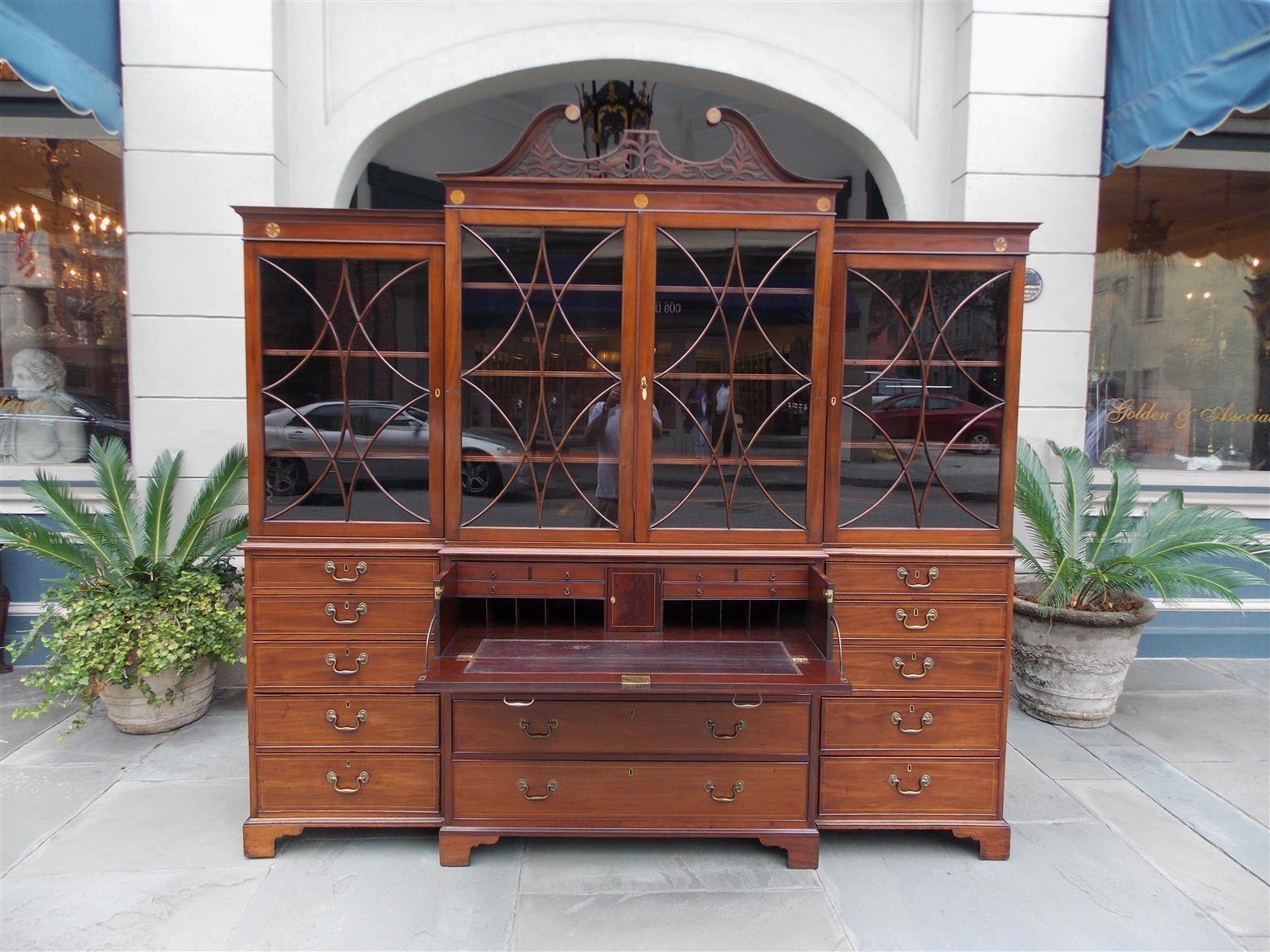 English Chippendale Mahogany Swan Neck Inlaid Breakfront with Desk, Circa 1770 For Sale 9