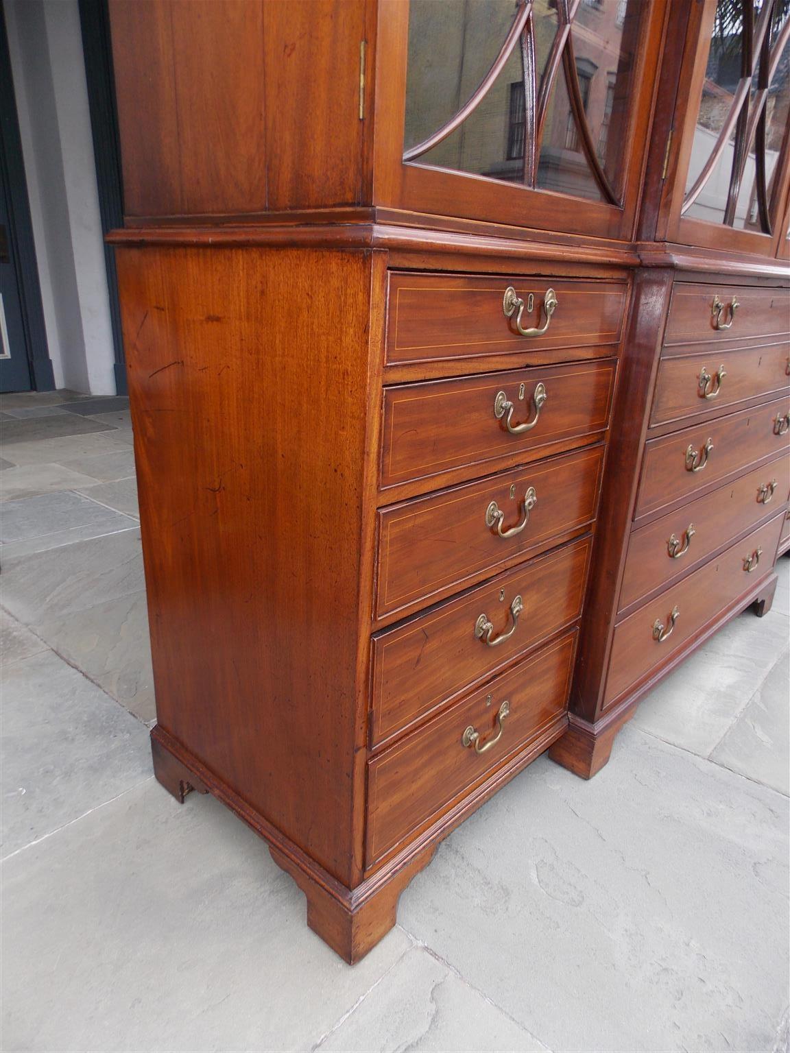 English Chippendale Mahogany Swan Neck Inlaid Breakfront with Desk, Circa 1770 In Excellent Condition For Sale In Hollywood, SC