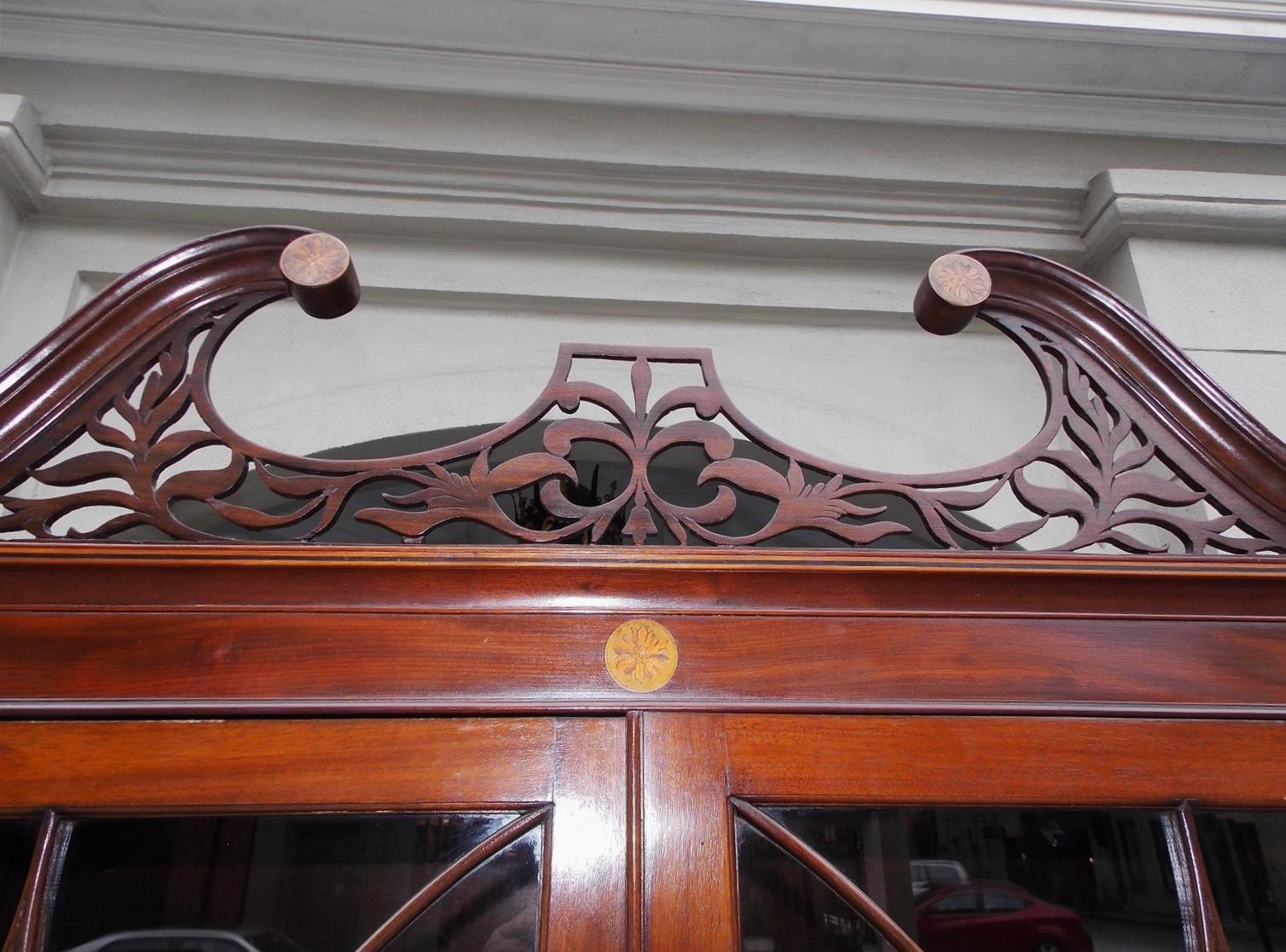 Brass English Chippendale Mahogany Swan Neck Inlaid Breakfront with Desk, Circa 1770 For Sale