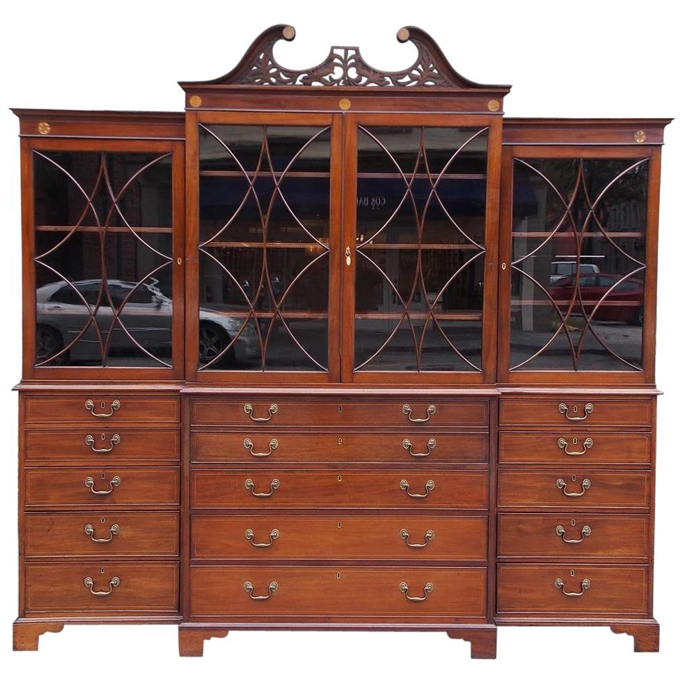 English Chippendale Mahogany Swan Neck Inlaid Breakfront with Desk, Circa 1770