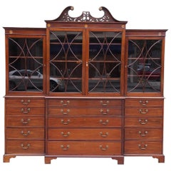 Antique English Chippendale Mahogany Swan Neck Inlaid Breakfront with Desk, Circa 1770