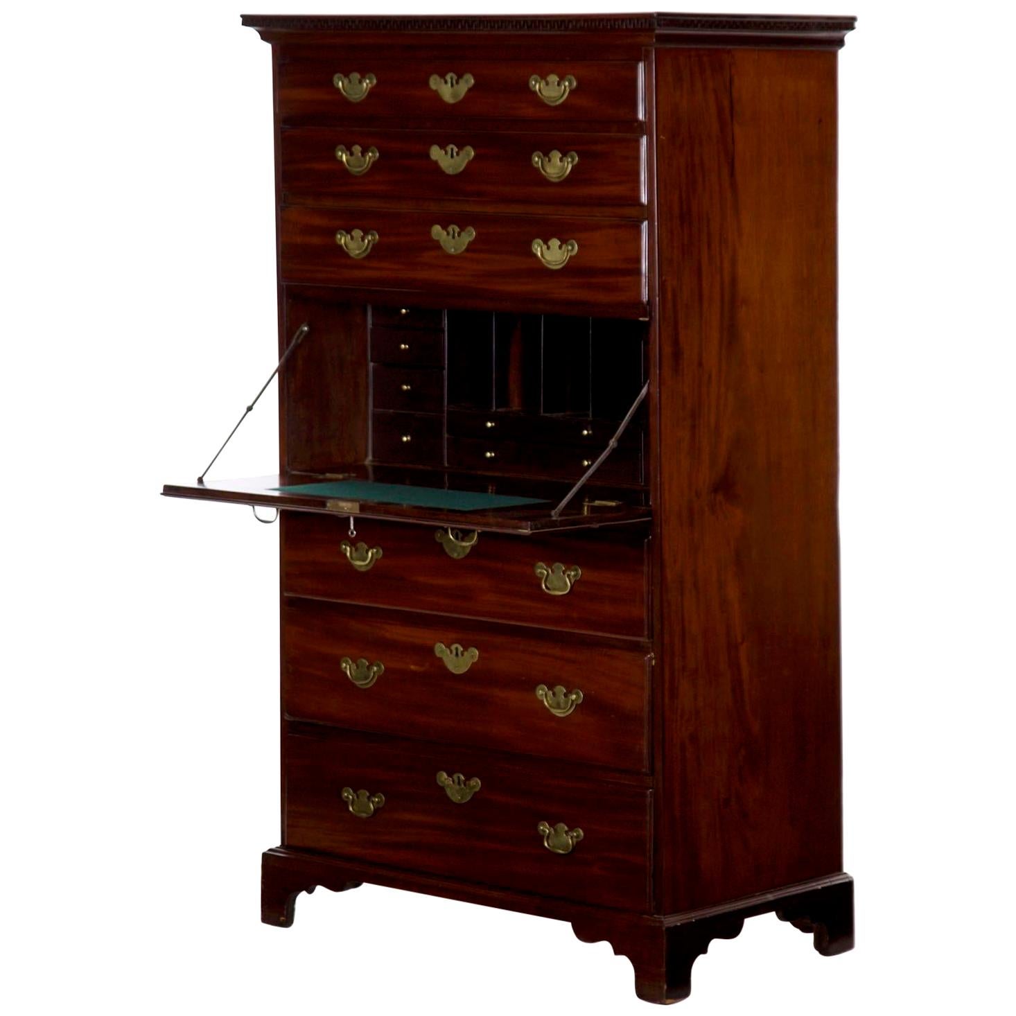 English Chippendale Mahogany Tall Chest of Drawers with Secretary Desk