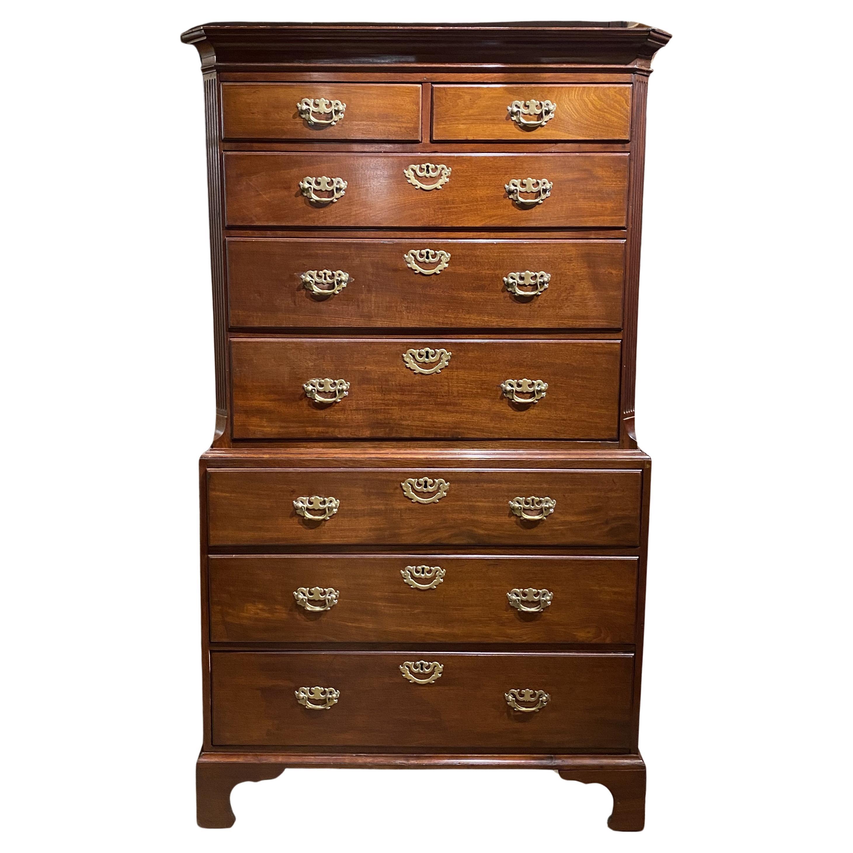 English Chippendale Mahogany Two Part Chest on Chest circa 1780