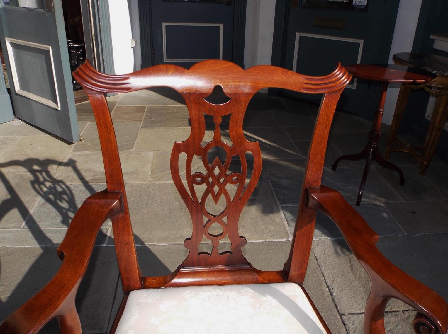 Late 18th Century English Chippendale Mahogany Upholstered Arm Chair with Ball & Claw Feet, C 1780 For Sale
