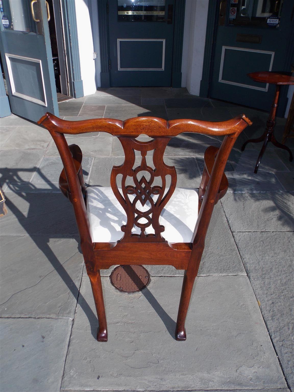 Muslin English Chippendale Mahogany Upholstered Arm Chair with Ball & Claw Feet, C 1780 For Sale