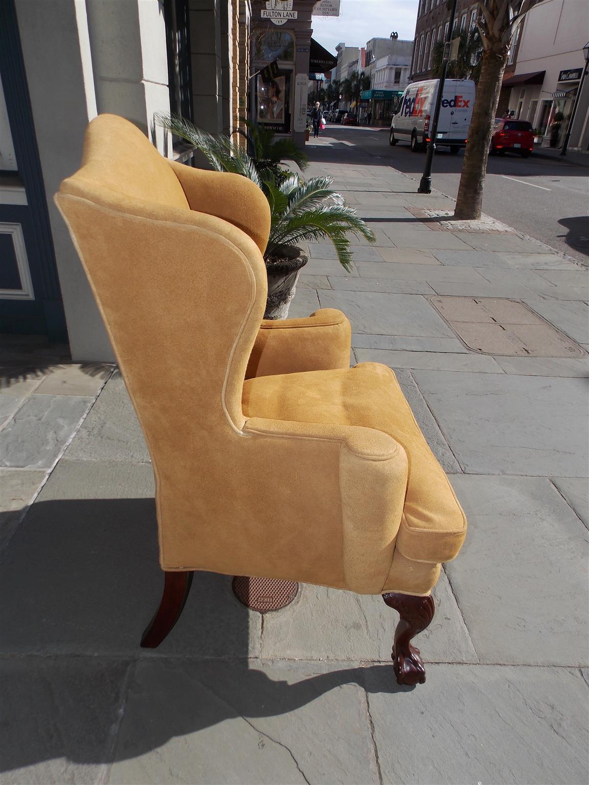 English Chippendale Mahogany Upholstered Ball & Claw Wing Back Chair, Circa 1780 For Sale 1