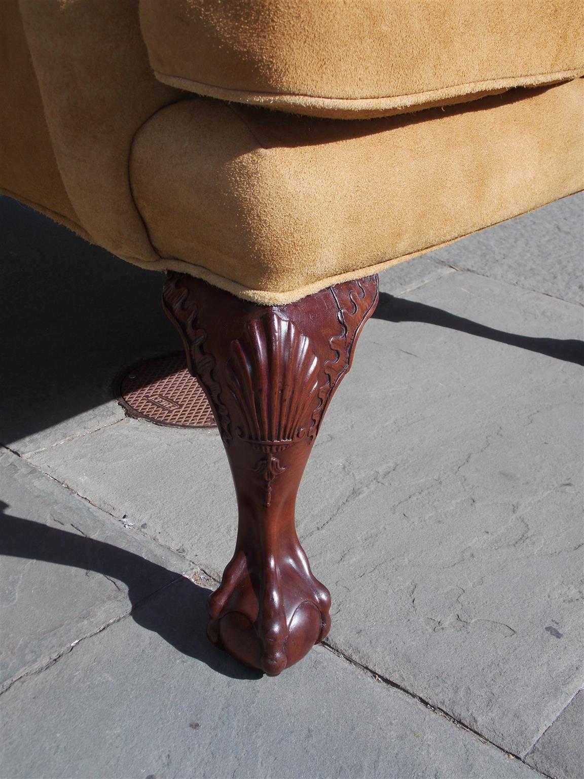 Hand-Carved English Chippendale Mahogany Upholstered Ball & Claw Wing Back Chair, Circa 1780 For Sale