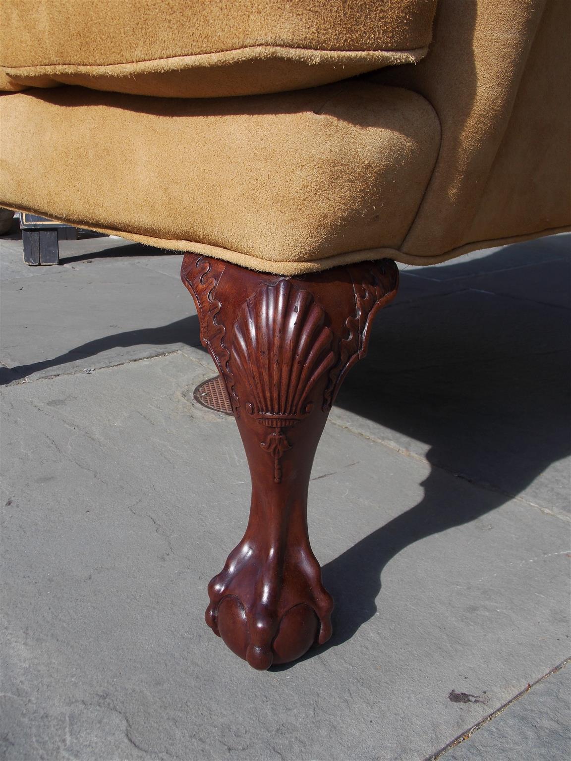 Late 18th Century English Chippendale Mahogany Upholstered Ball & Claw Wing Back Chair, Circa 1780 For Sale