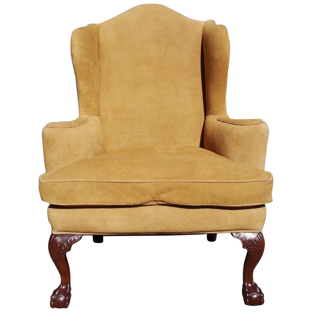 English Chippendale Mahogany Upholstered Ball & Claw Wing Back Chair, Circa 1780