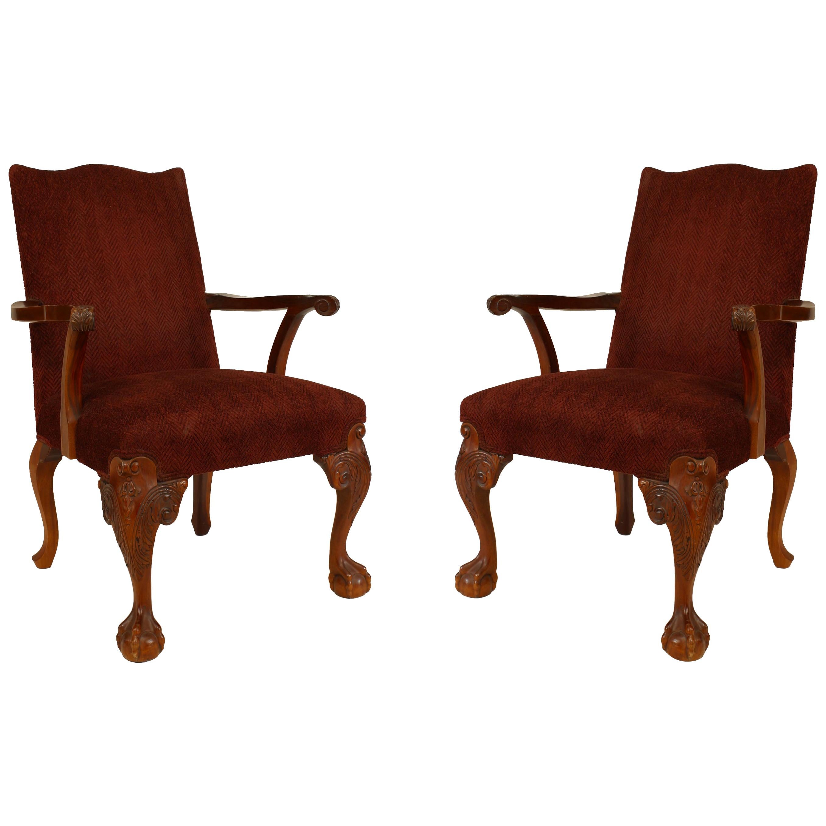 English Chippendale Maroon Armchairs For Sale