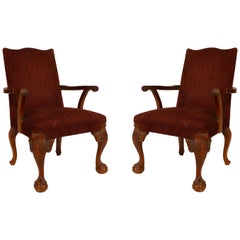 Vintage English Chippendale Maroon Armchairs