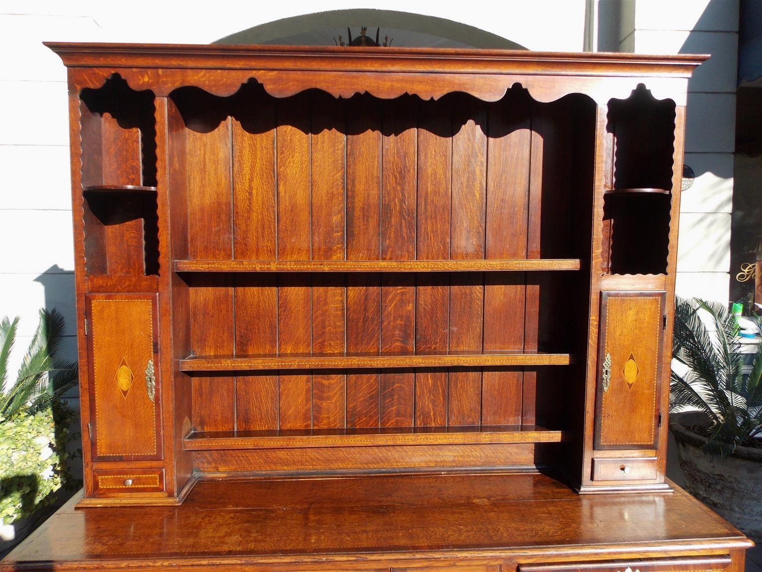 Hand-Carved English Chippendale Oak and Walnut Cross Banded Inlaid Welsh Dresser, Circa 1780