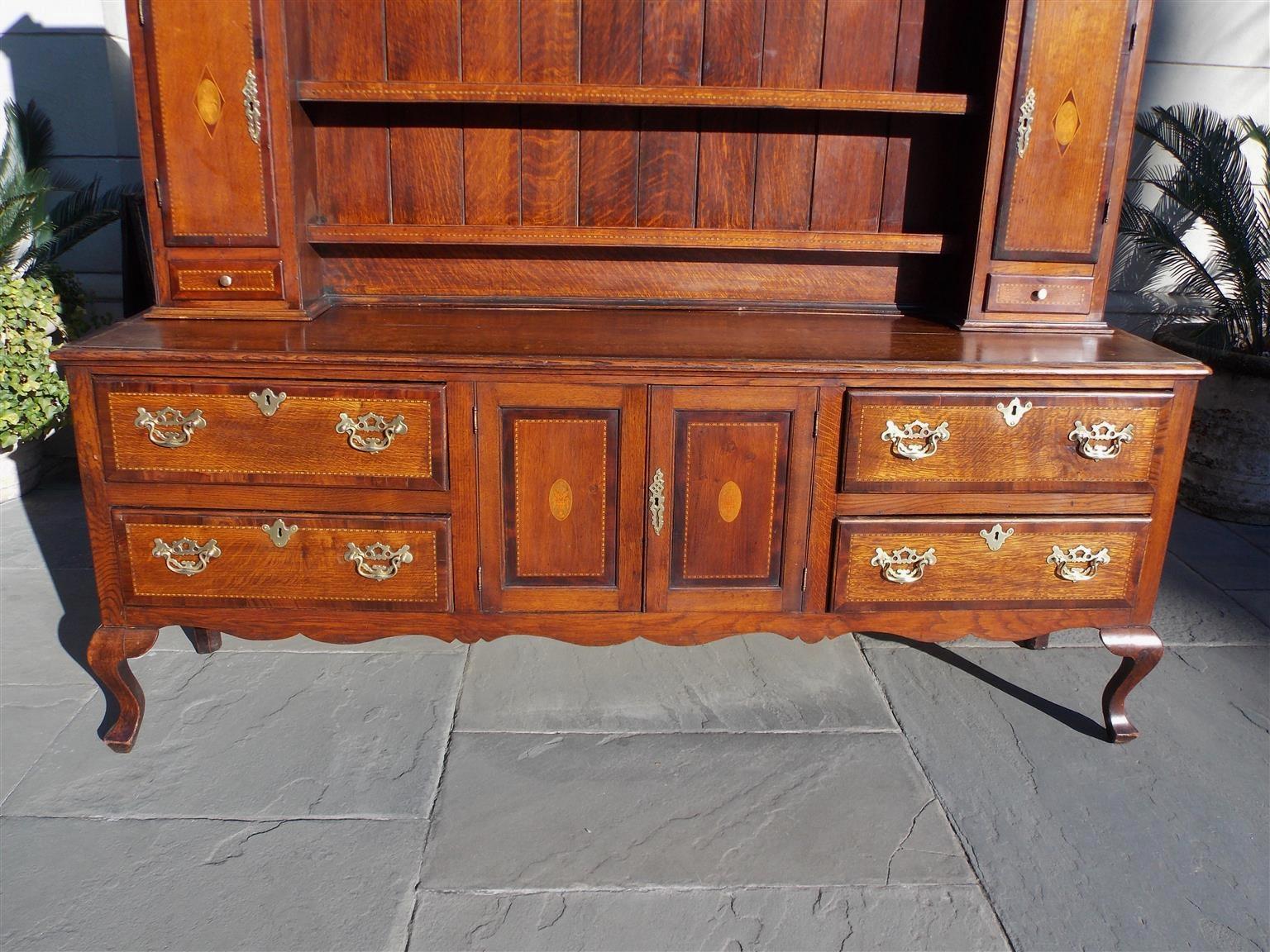 English Chippendale Oak and Walnut Cross Banded Inlaid Welsh Dresser, Circa 1780 1