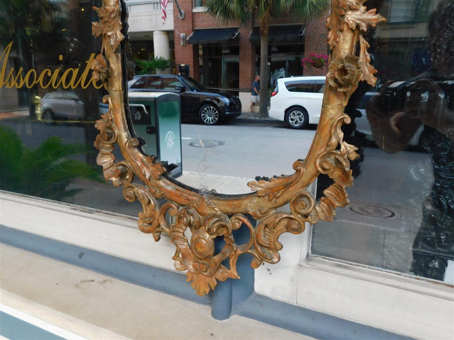 Giltwood English Chippendale Oval Gilt Wood & Gesso Floral Cartouche Wall Mirror, C 1770
