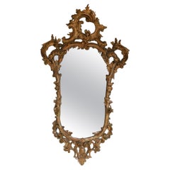 Antique English Chippendale Oval Gilt Wood & Gesso Floral Cartouche Wall Mirror, C 1770