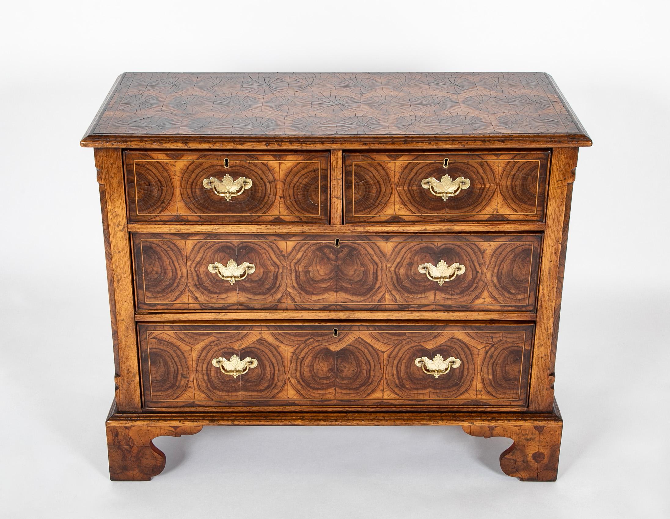 Hand-Crafted English Chippendale Oyster Veneer Chest of Drawers With Etched Brass Hardware For Sale