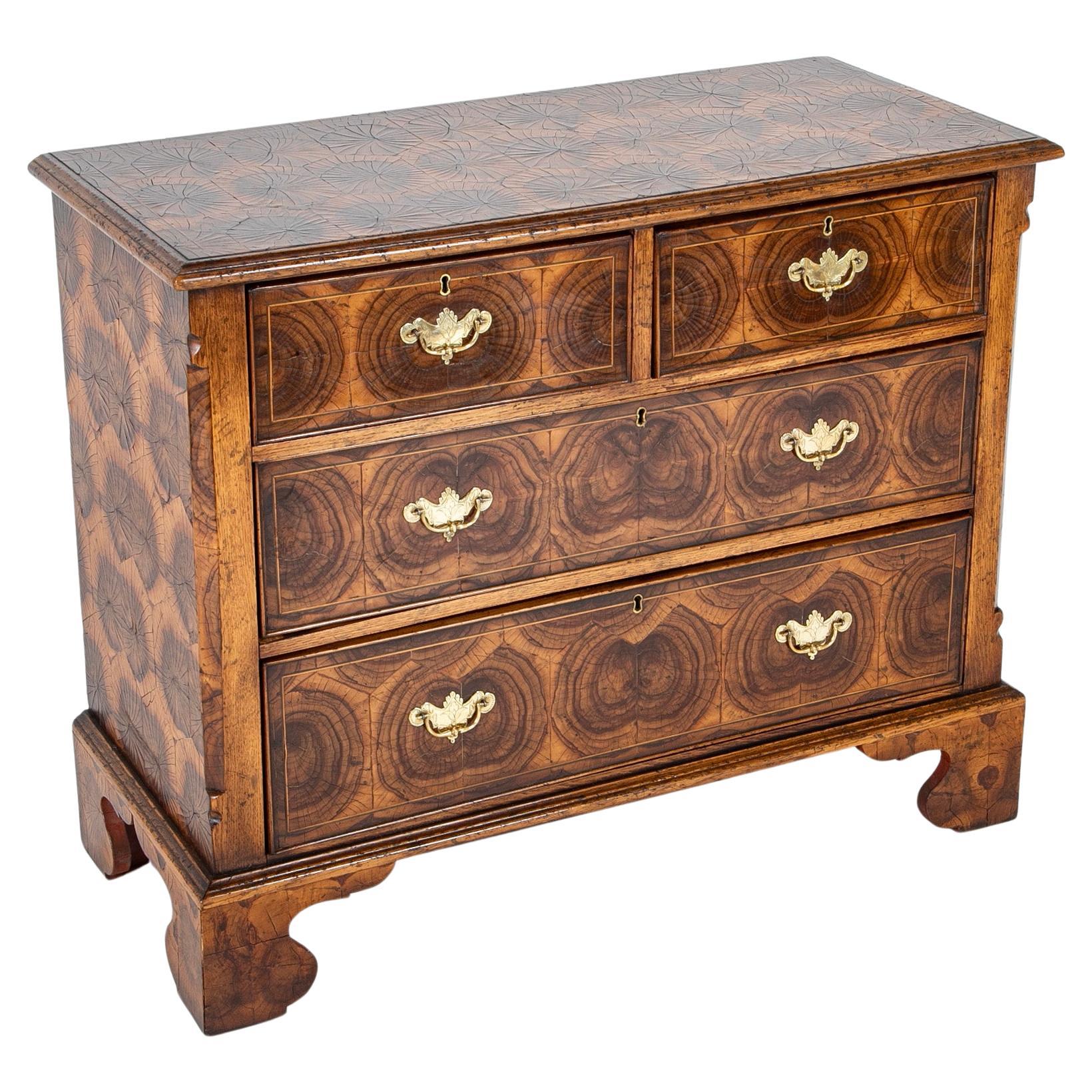 English Chippendale Oyster Veneer Chest of Drawers With Etched Brass Hardware For Sale