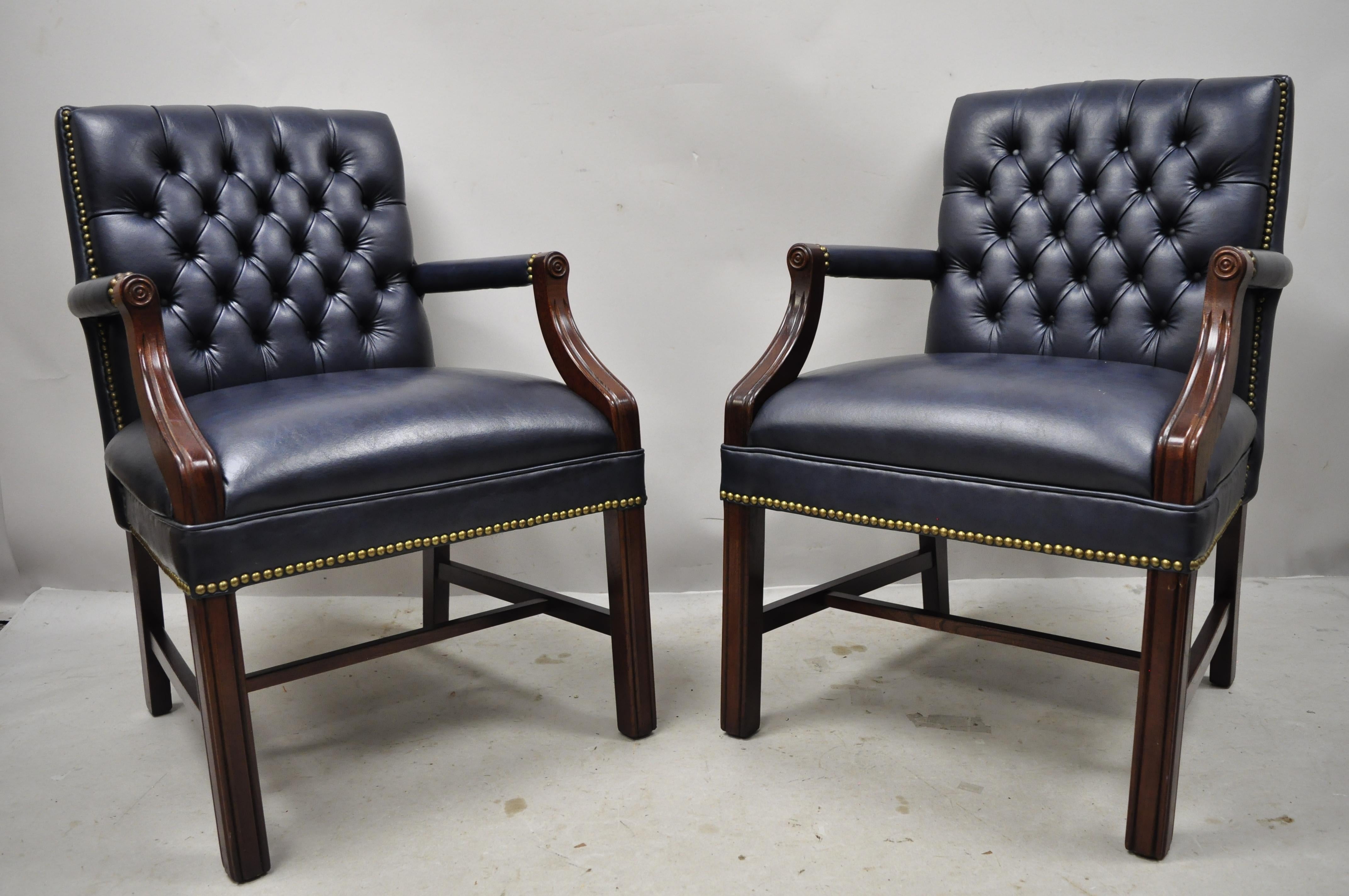 Vintage English Chippendale Paoli Inc blue tufted faux leather vinyl office armchairs - a pair. Item features blue tufted vinyl/naugahyde fabric, nailhead trim, solid wood frame, upholstered armrests, original label, very nice vintage pair, great