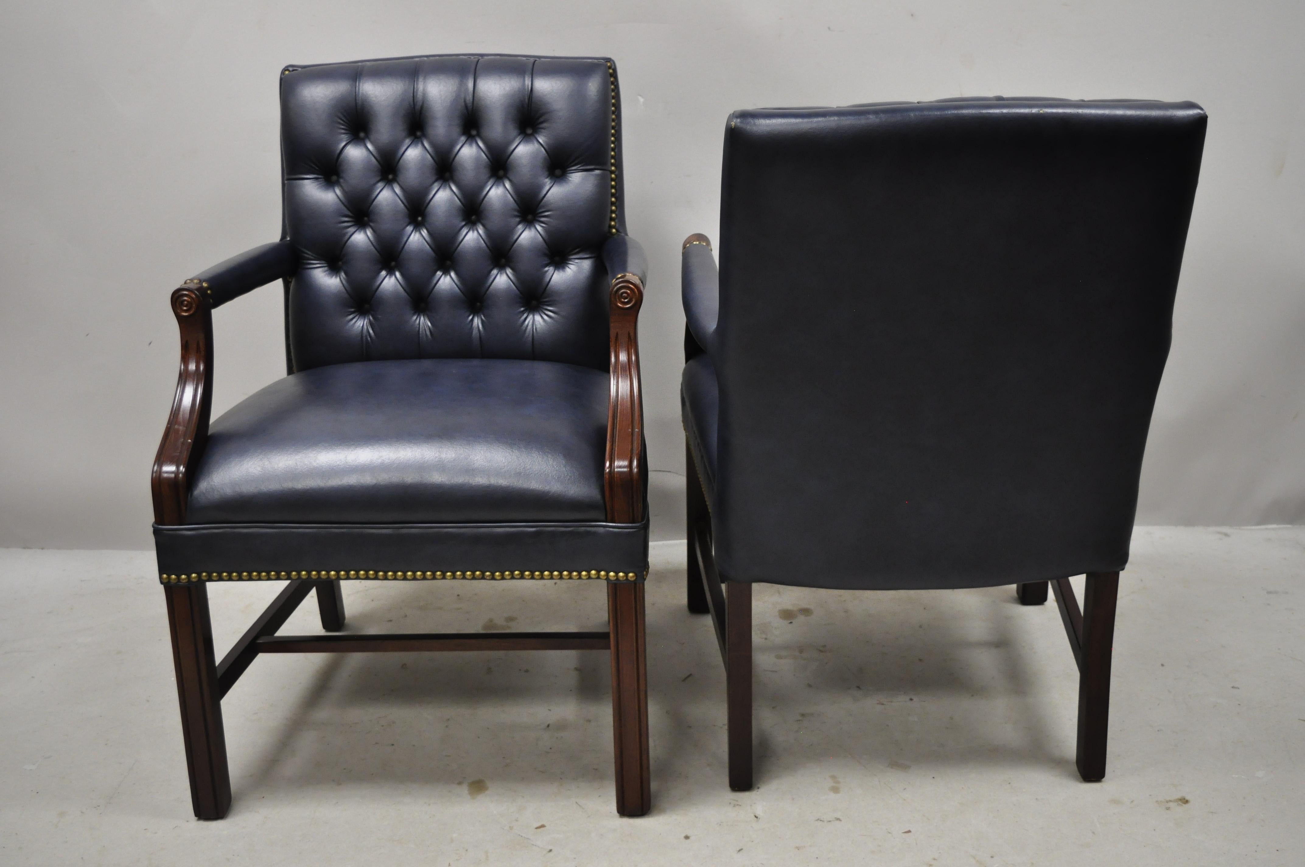 Naugahyde English Chippendale Paoli Inc Blue Tufted Faux Leather Vinyl Armchairs, a Pair