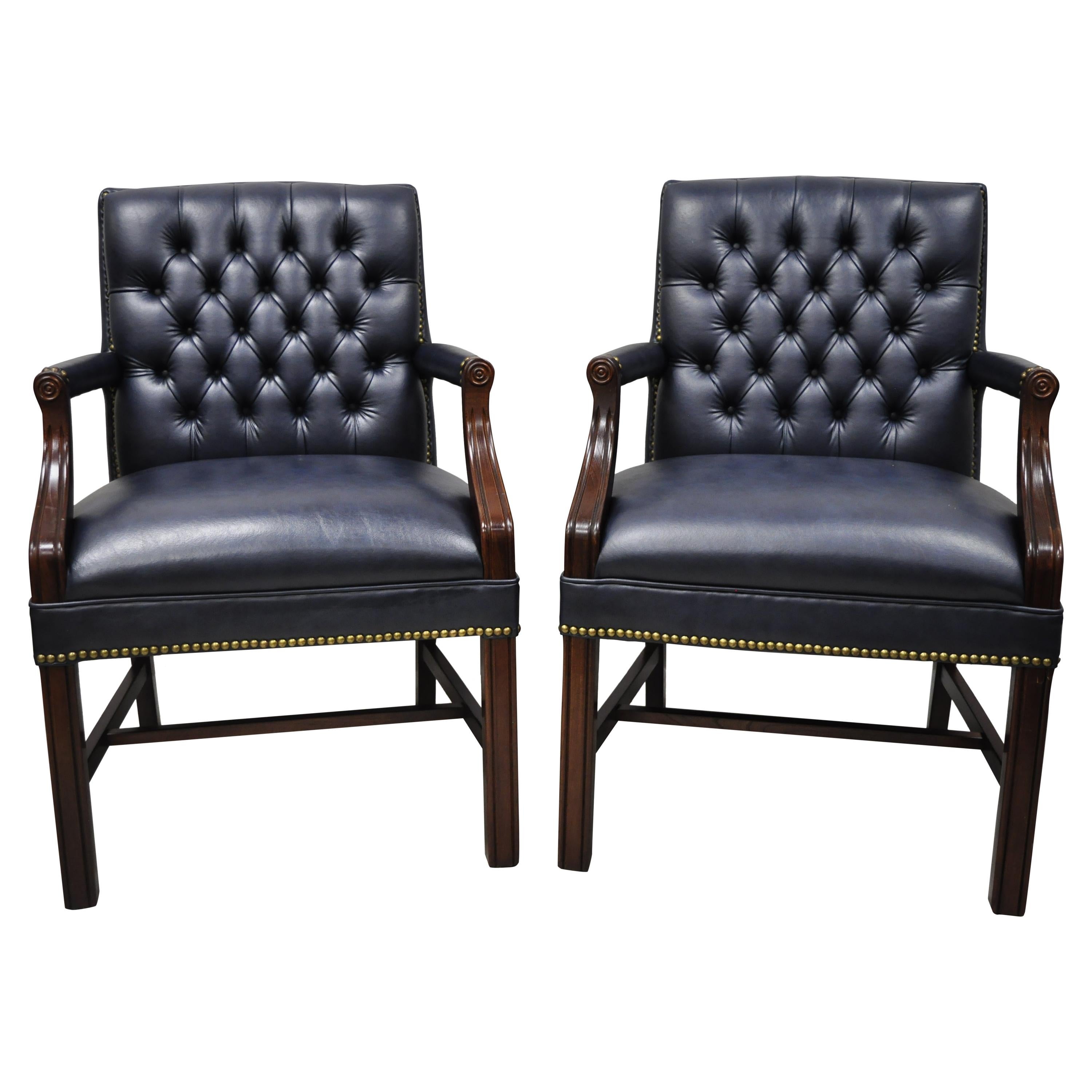 English Chippendale Paoli Inc Blue Tufted Faux Leather Vinyl Armchairs, a Pair