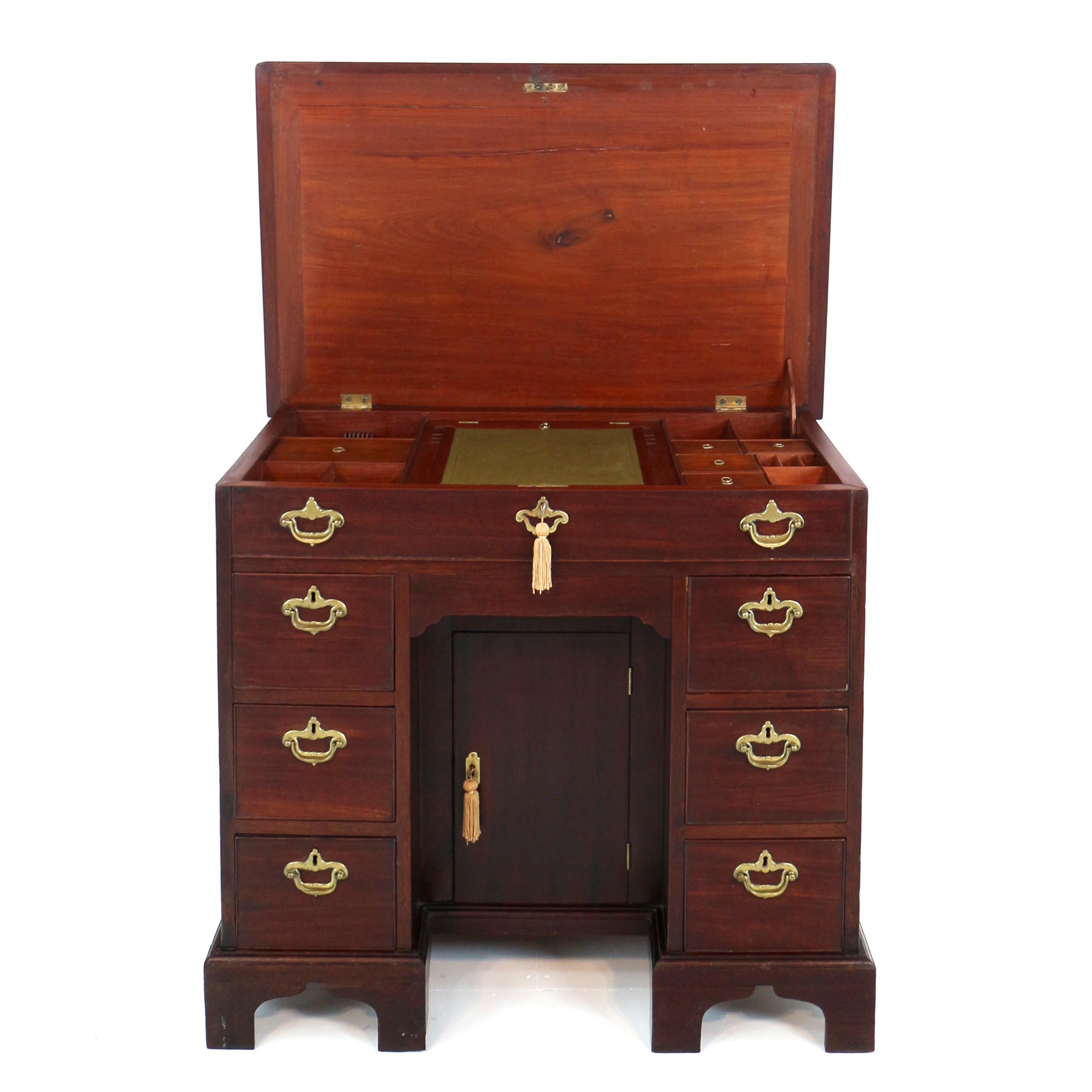 Brass English Chippendale Period George II Red Walnut Kneehole Desk Dressing Table For Sale