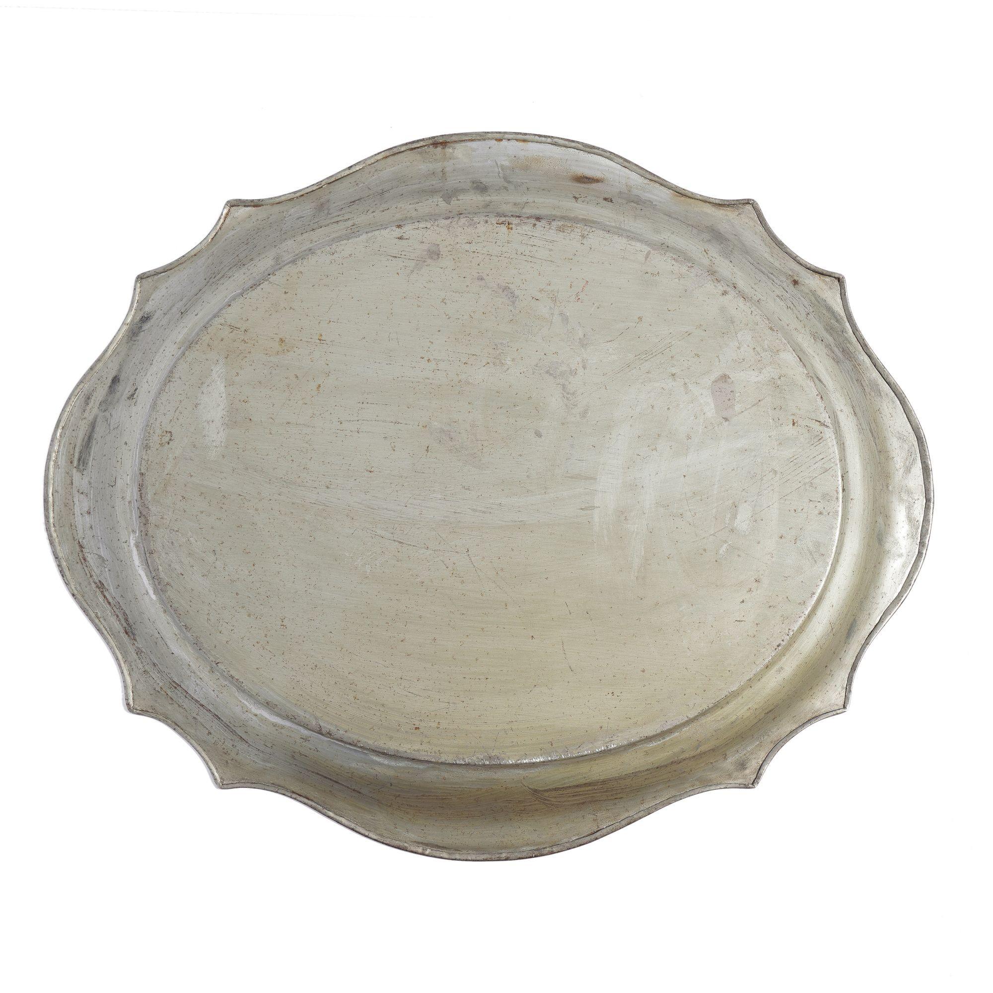 Tin English Chippendale shaped polished tin tea tray, c. 1830 For Sale