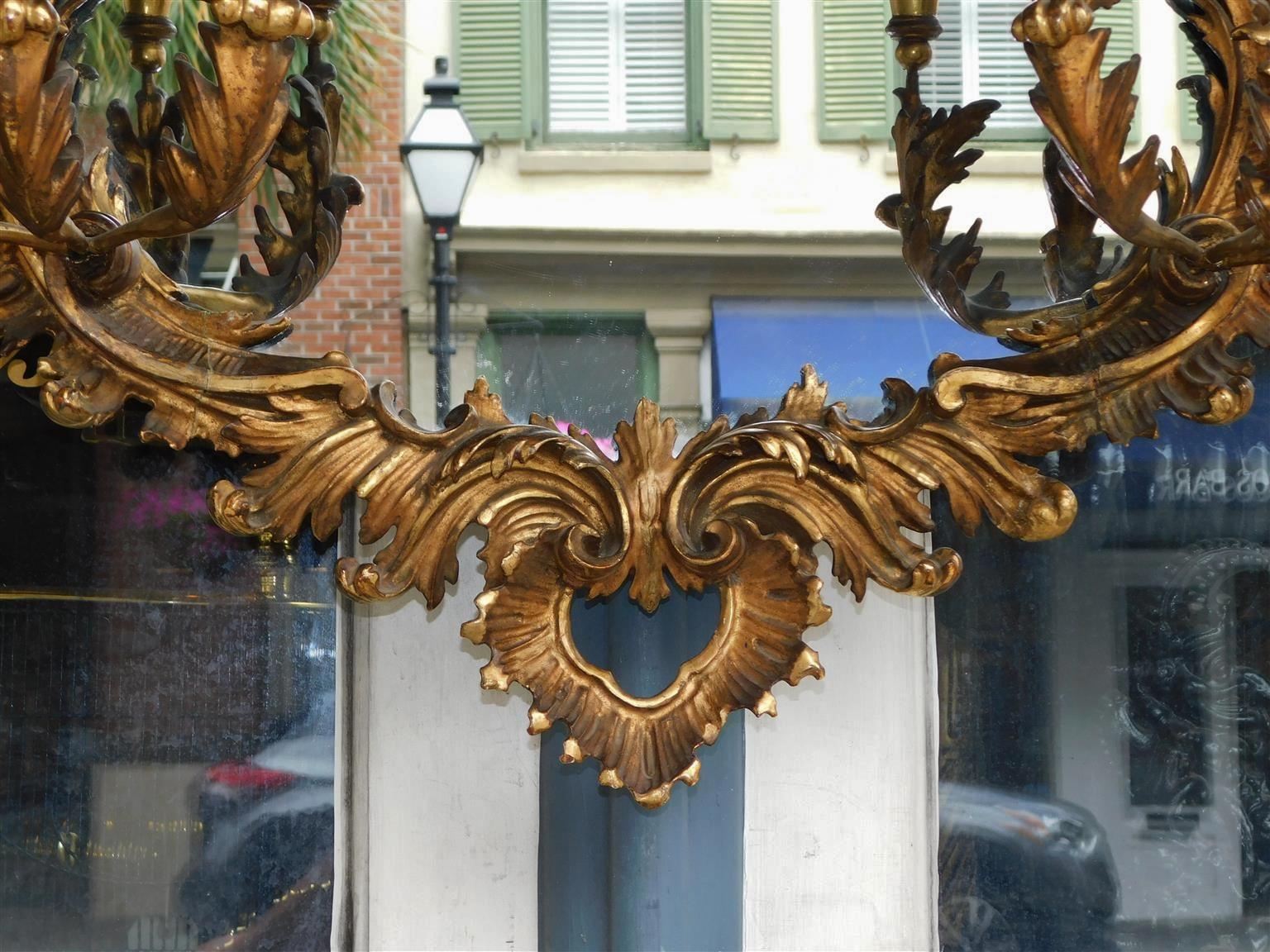 English Chippendale Six Candle Arm Gilt Wood & Gesso Foliage Wall Mirror, C 1770 For Sale 5