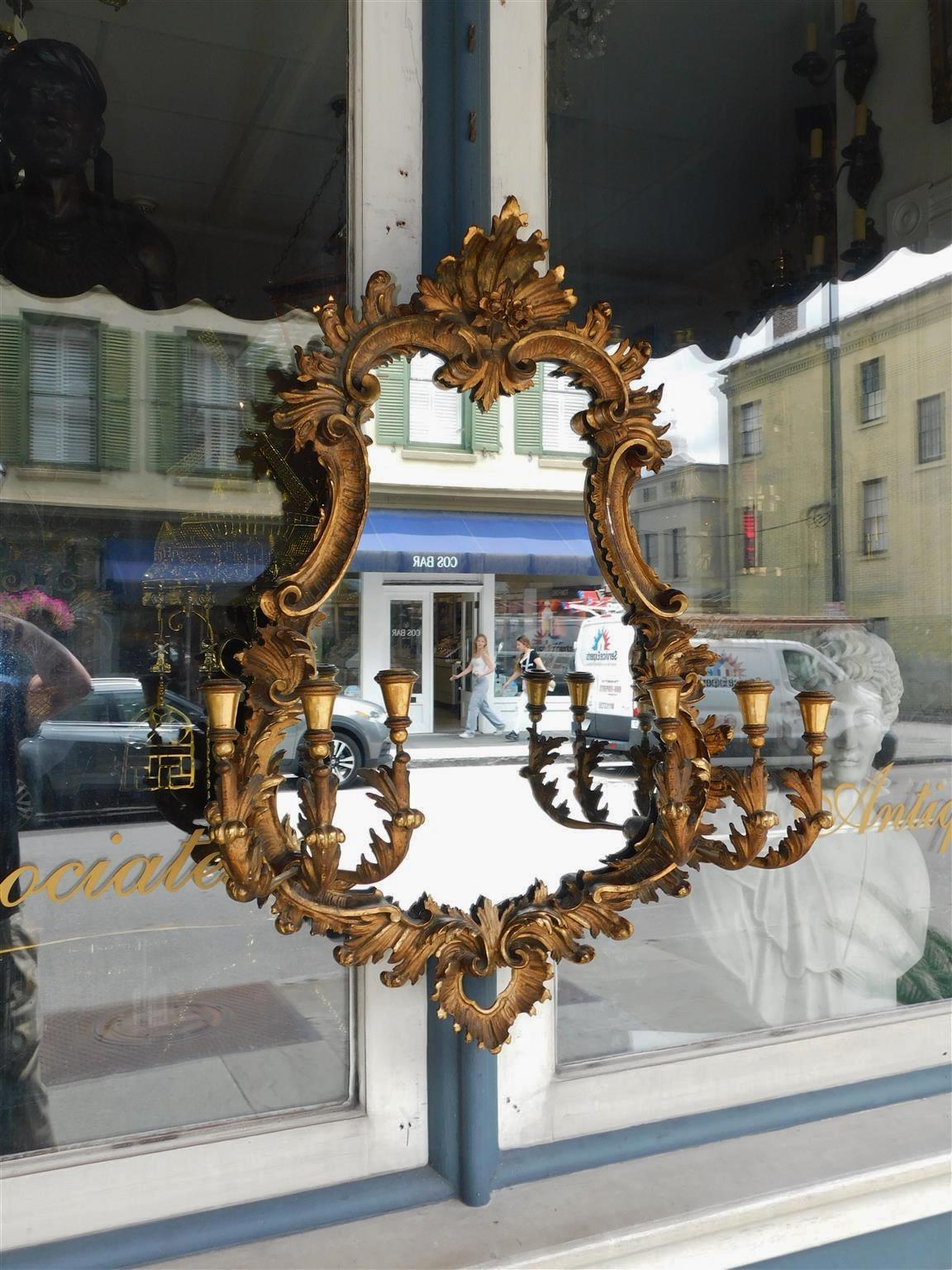Hand-Carved English Chippendale Six Candle Arm Gilt Wood & Gesso Foliage Wall Mirror, C 1770 For Sale