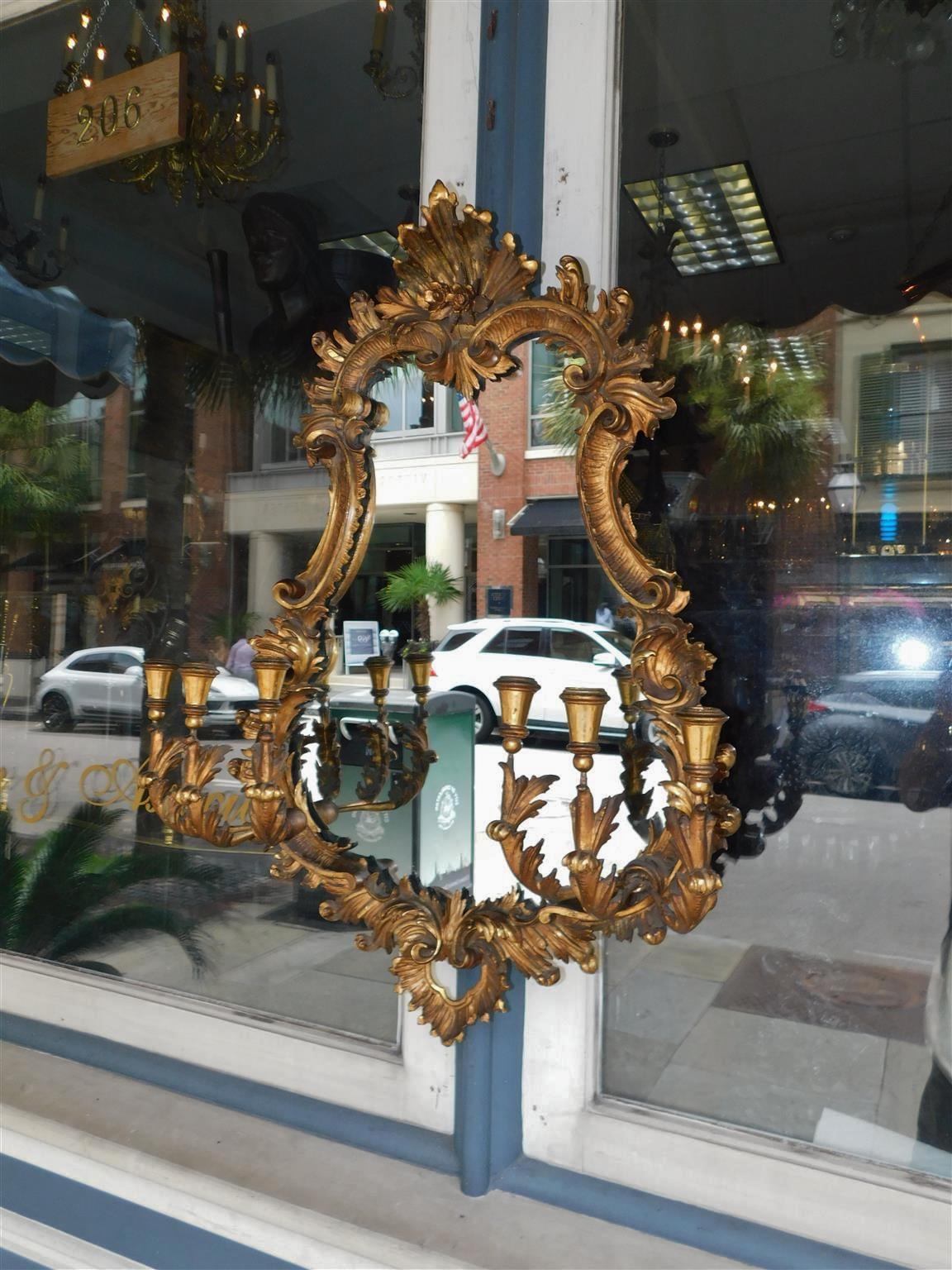 English Chippendale Six Candle Arm Gilt Wood & Gesso Foliage Wall Mirror, C 1770 In Excellent Condition For Sale In Hollywood, SC