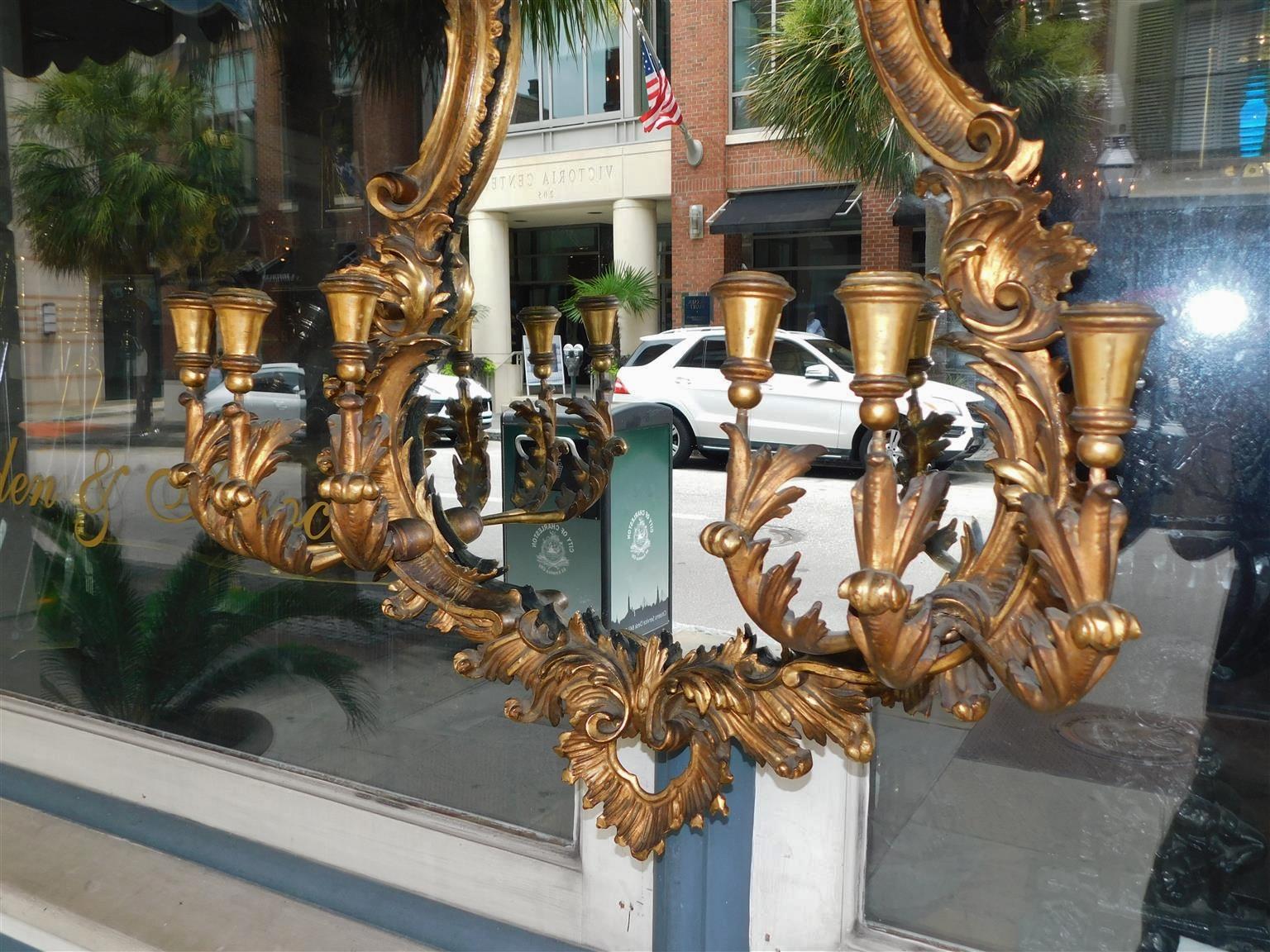 English Chippendale Six Candle Arm Gilt Wood & Gesso Foliage Wall Mirror, C 1770 For Sale 3