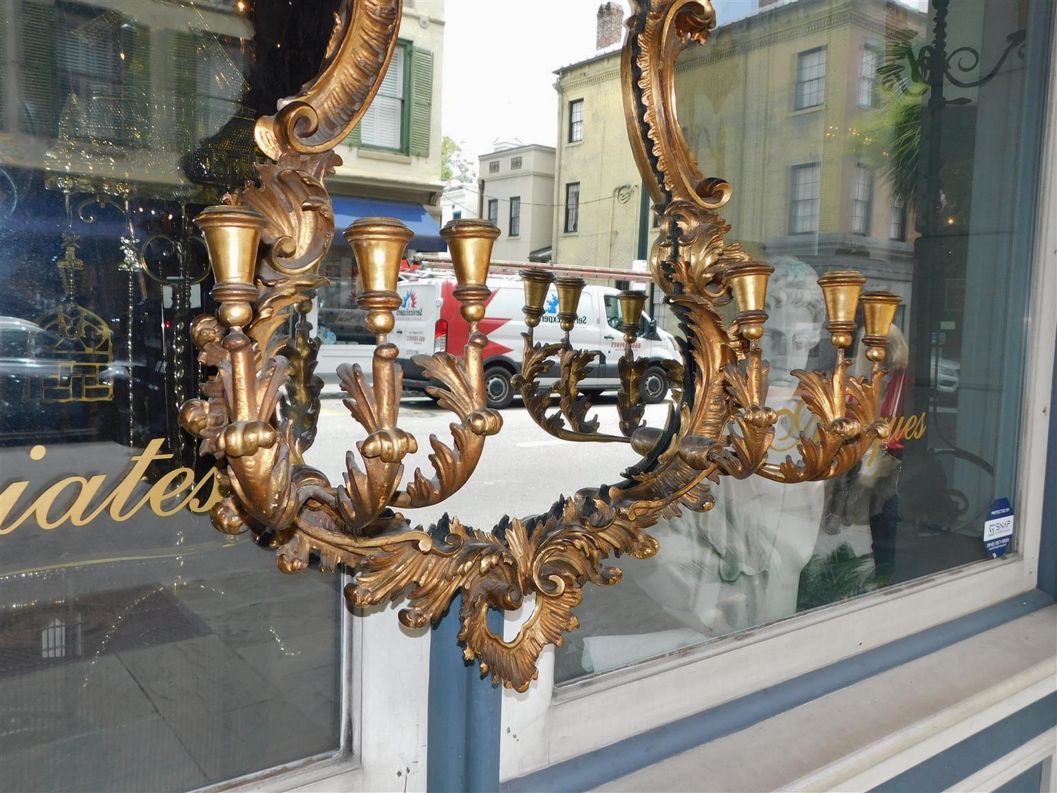 English Chippendale Six Candle Arm Gilt Wood & Gesso Foliage Wall Mirror, C 1770 For Sale 4