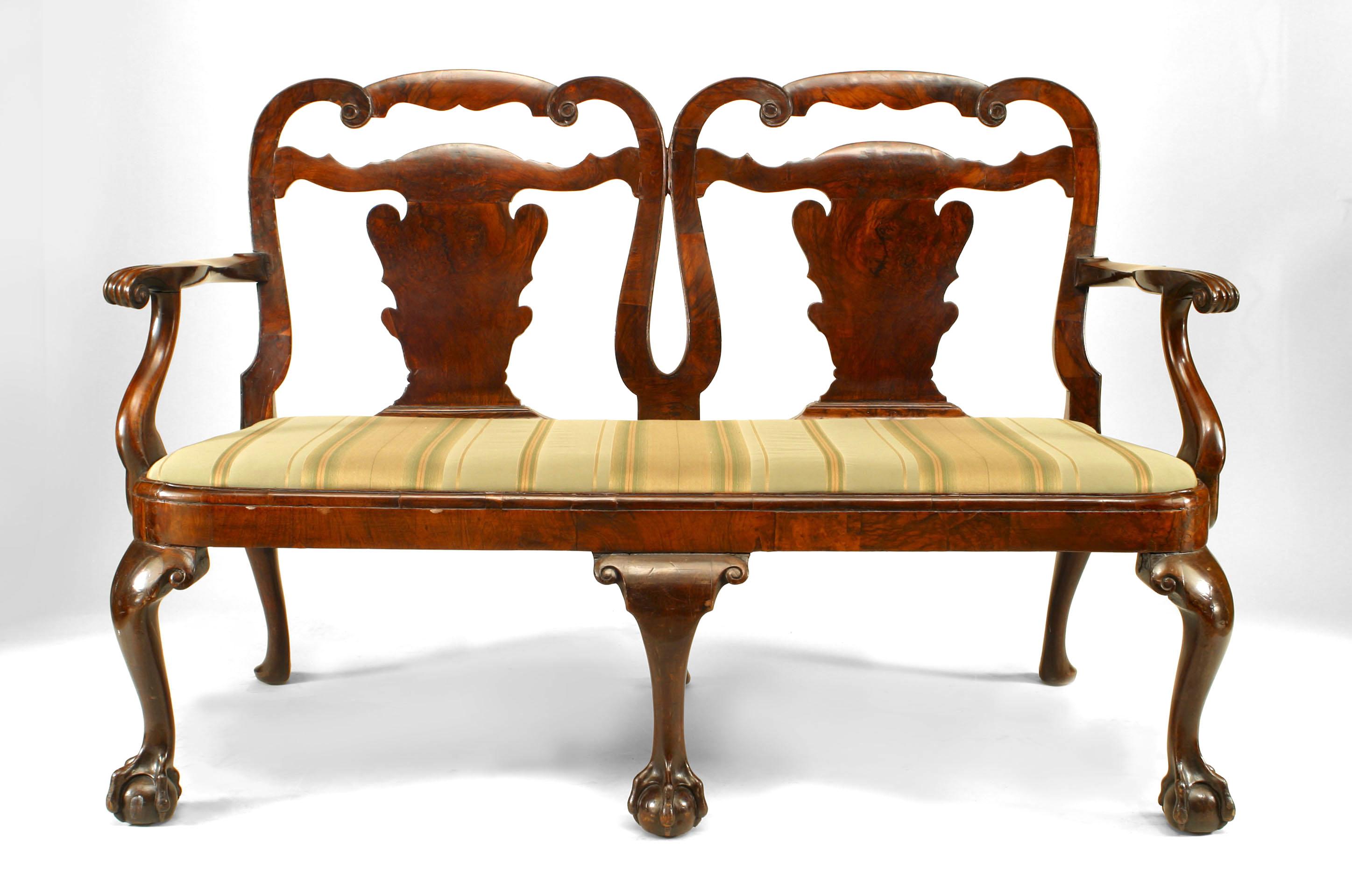 English Chippendale style (18/19th Cent) mahogany double chair back loveseat with splat design and velvet seat.
