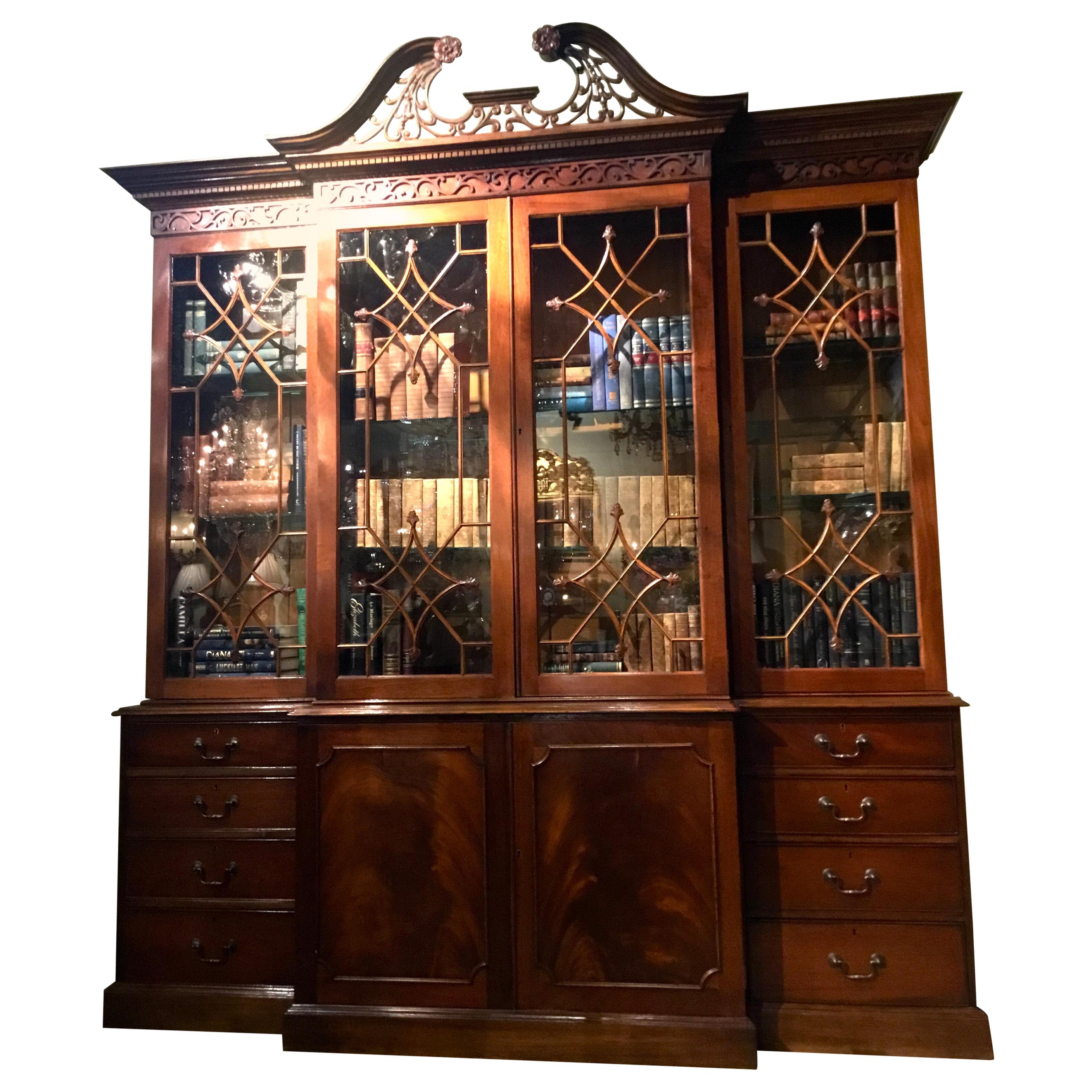 English Chippendale Style Breakfront/Bookcase, Mahogany with Arched Pediment