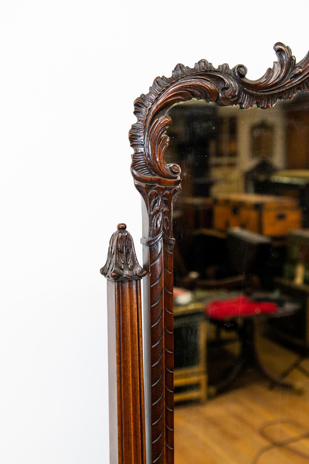 Hand-Carved English Chippendale Style Carved Cheval Mirror For Sale