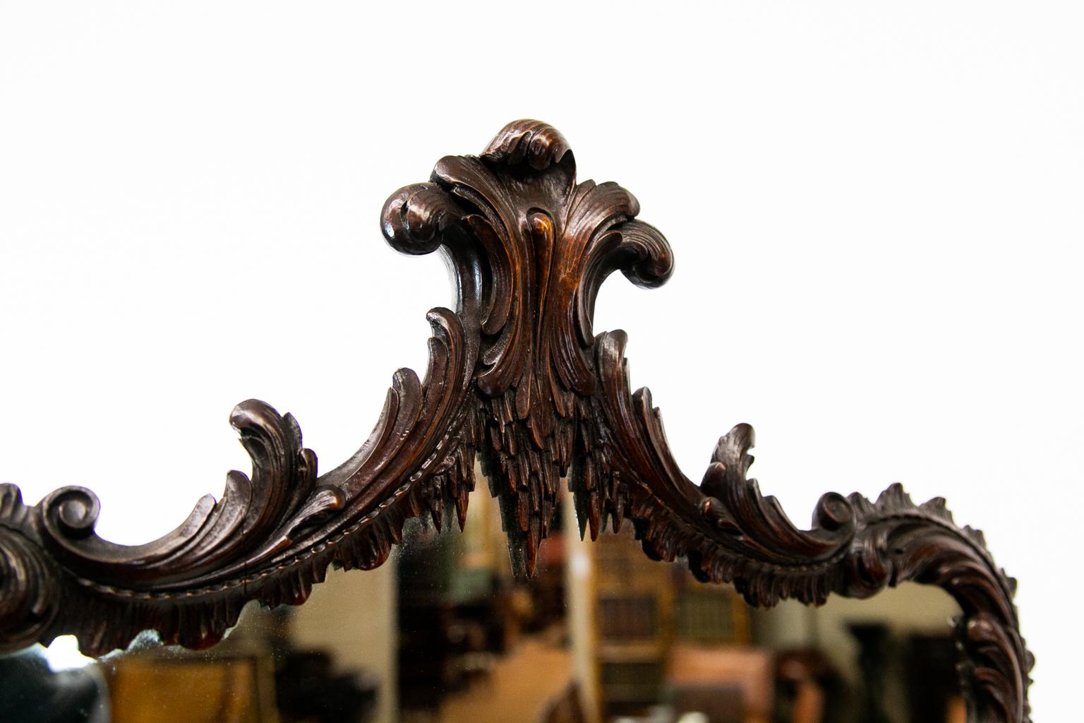 Mahogany English Chippendale Style Carved Cheval Mirror For Sale