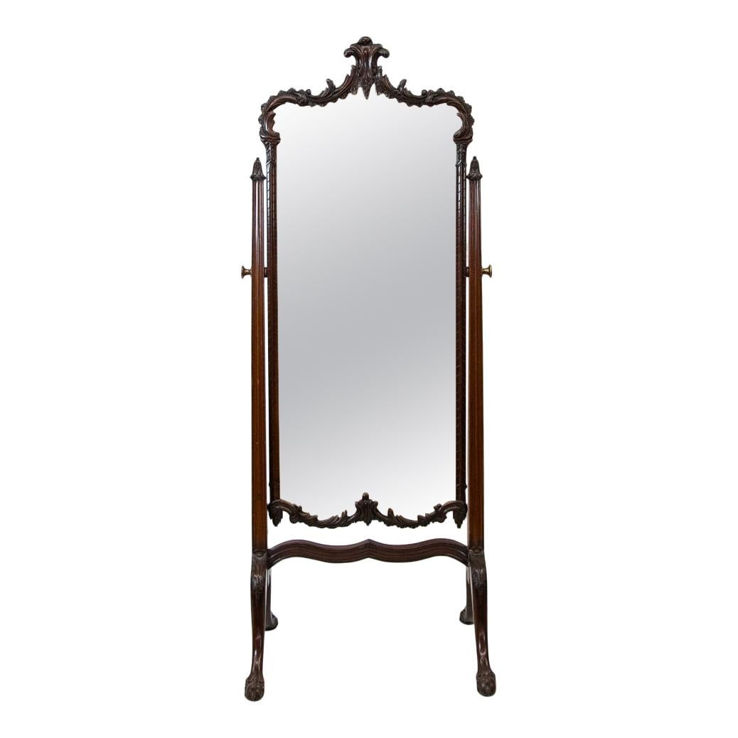 English Chippendale Style Carved Cheval Mirror For Sale