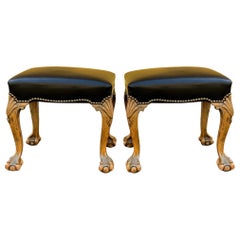 English Chippendale Style Carved Fruitwood Ball & Claw Leather Ottomans, Pair