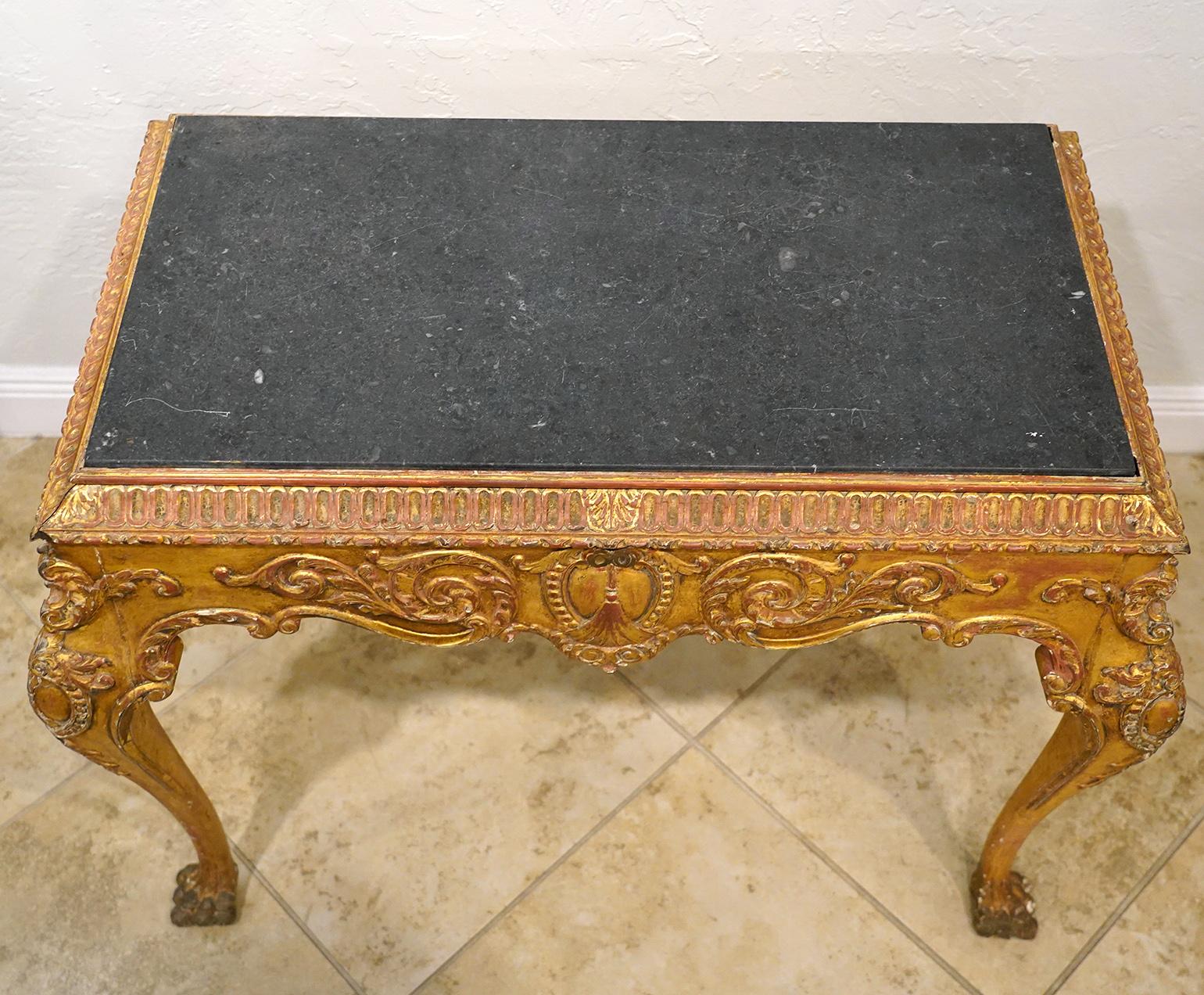 English Chippendale Style Carved Giltwood Marble Top Center Table, Late 19th C In Good Condition In Ft. Lauderdale, FL