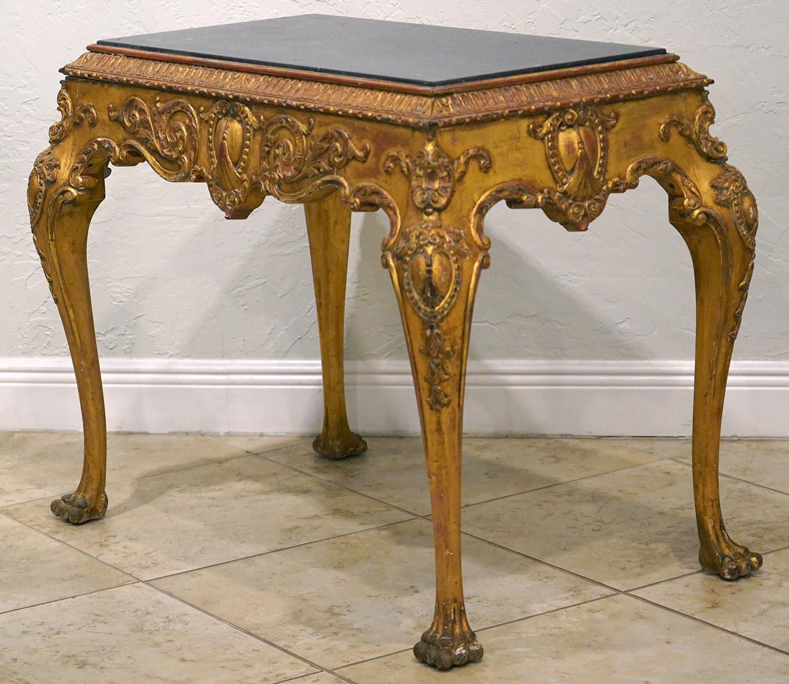 English Chippendale Style Carved Giltwood Marble Top Center Table, Late 19th C 1