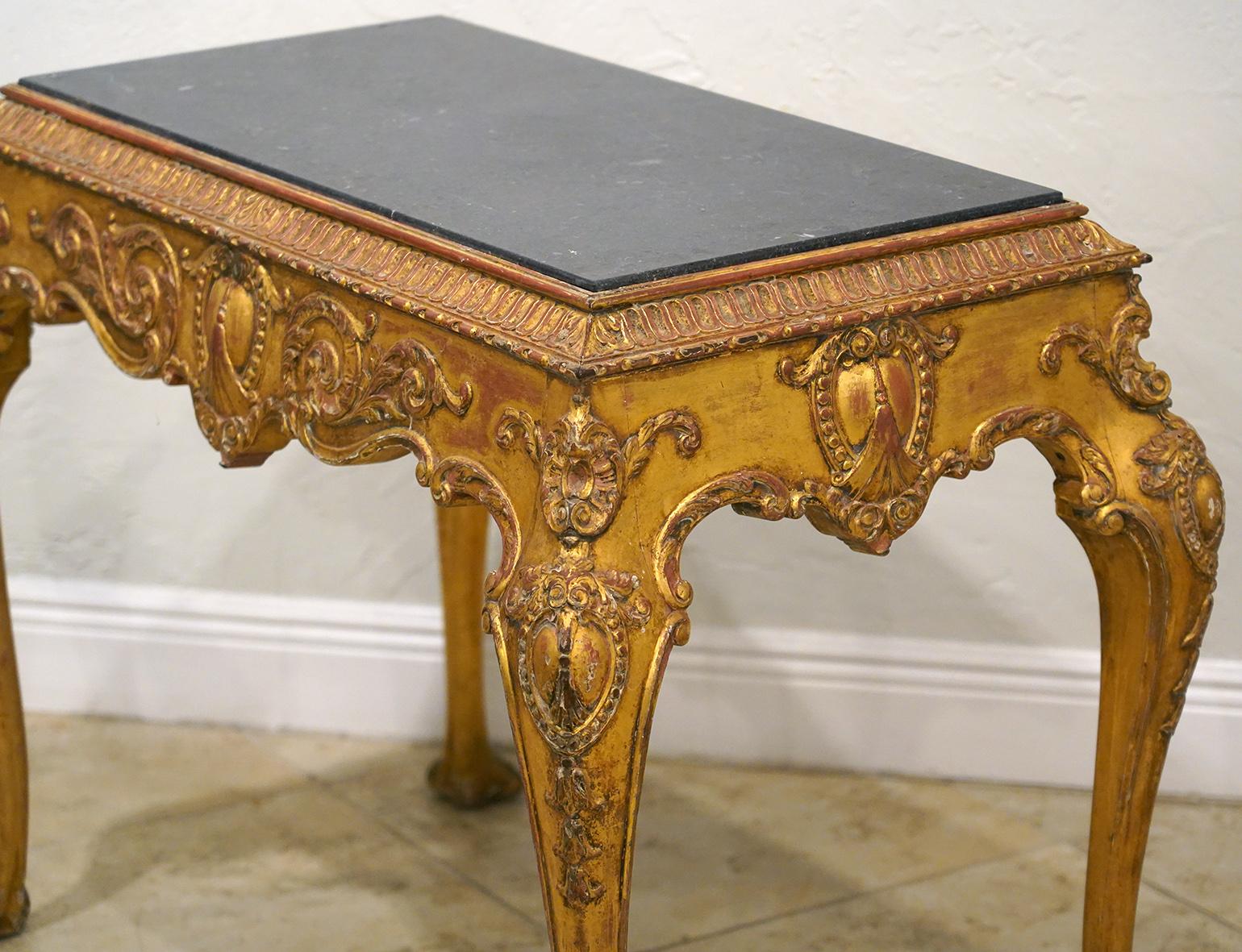 English Chippendale Style Carved Giltwood Marble Top Center Table, Late 19th C 2