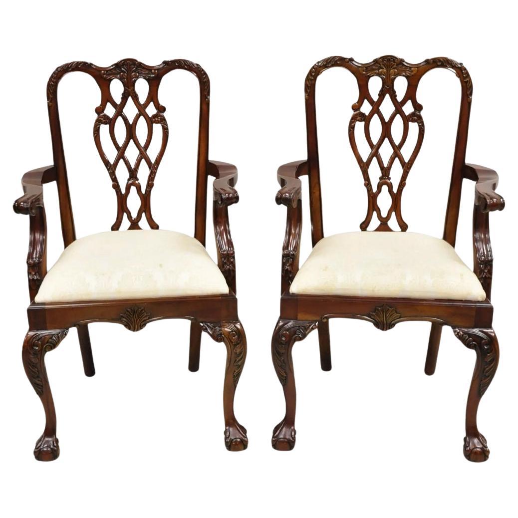 English Chippendale Style Carved Mahogany Ball & Claw Dining Arm Chairs - a Pair